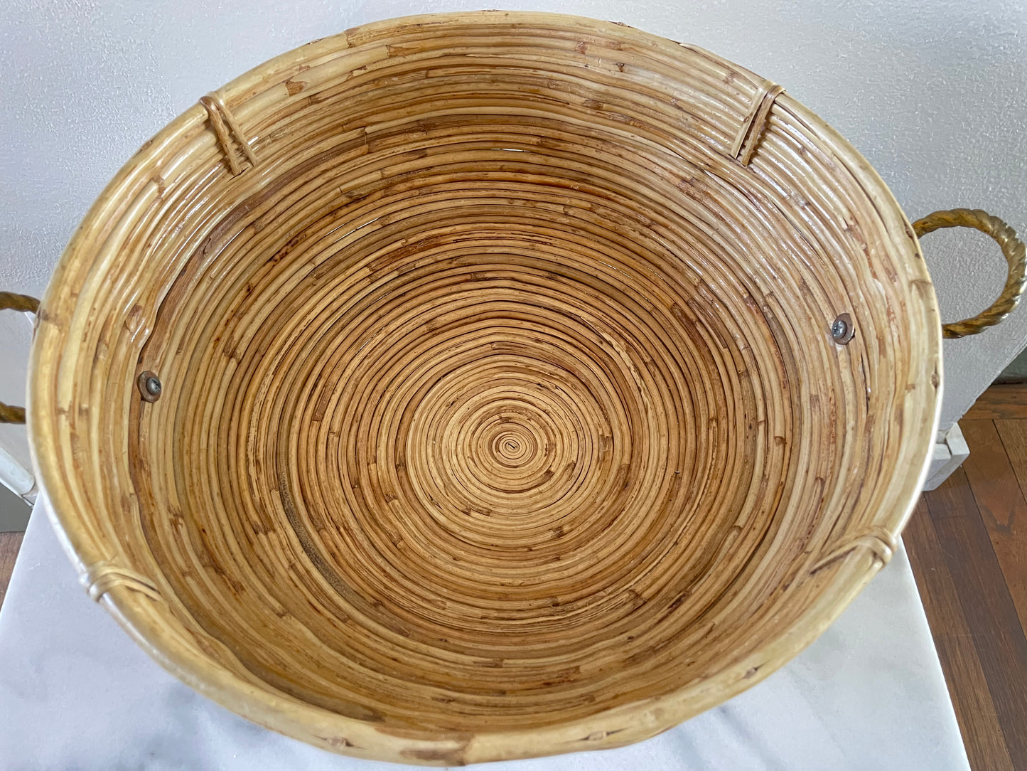 1970s Vintage Mid-Century Crespi Style Bamboo Brass & Rattan Bowl