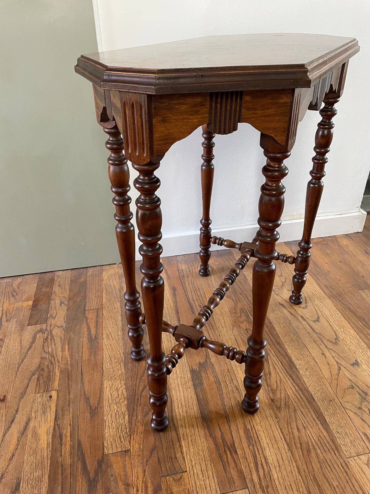 Antique Victorian Burl Walnut Octagonal Side Table, Bobbin Turned Legs