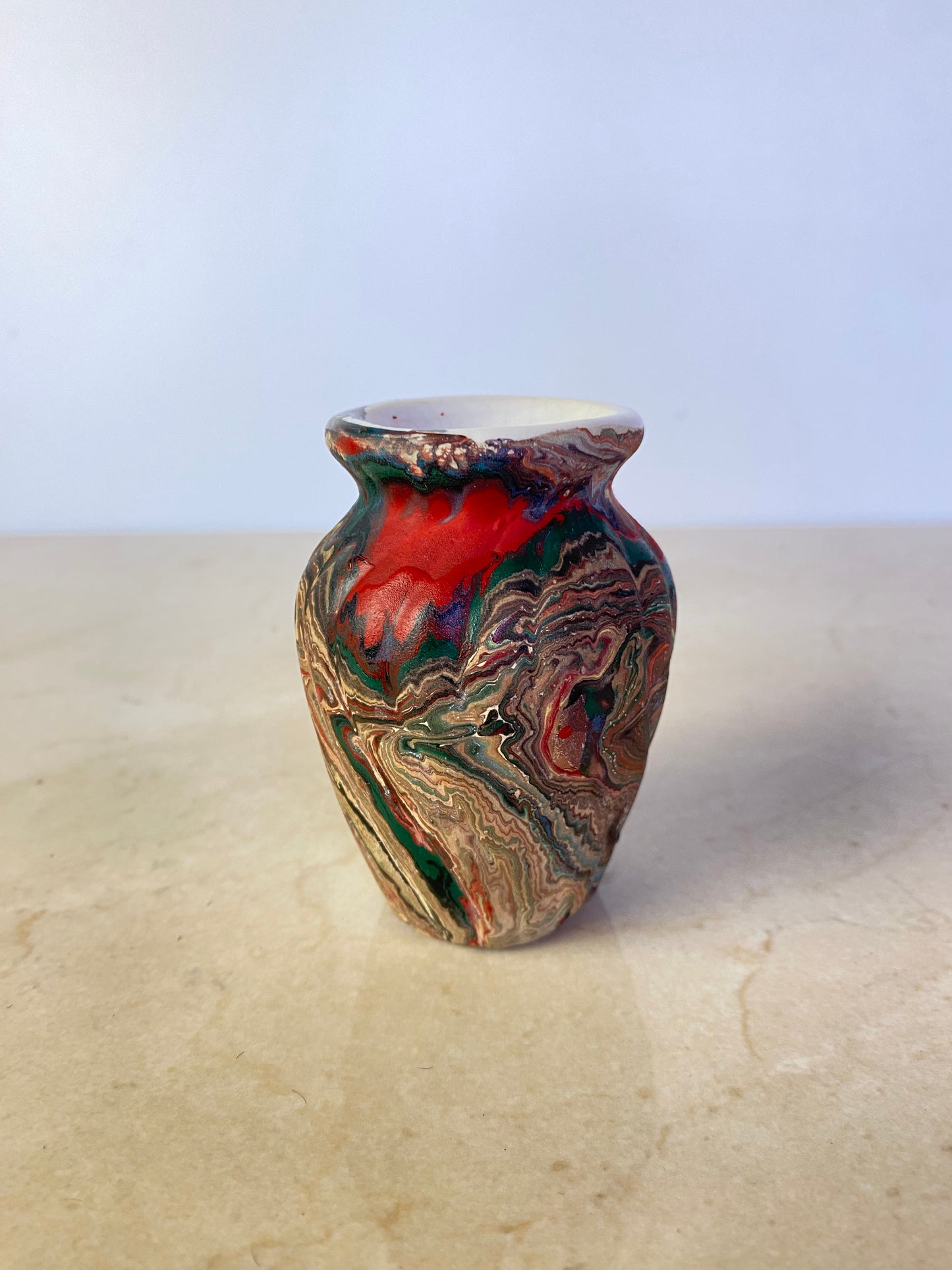 Vintage Marbled Porcelain Bud Vase in the Style of Nemadji or Ozark Pottery, Swirl Glaze Ceramic Vessel