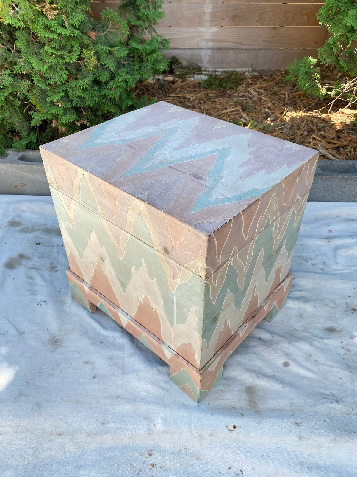 Vintage Hand-Painted Flame Chevron Wood Box on Stand