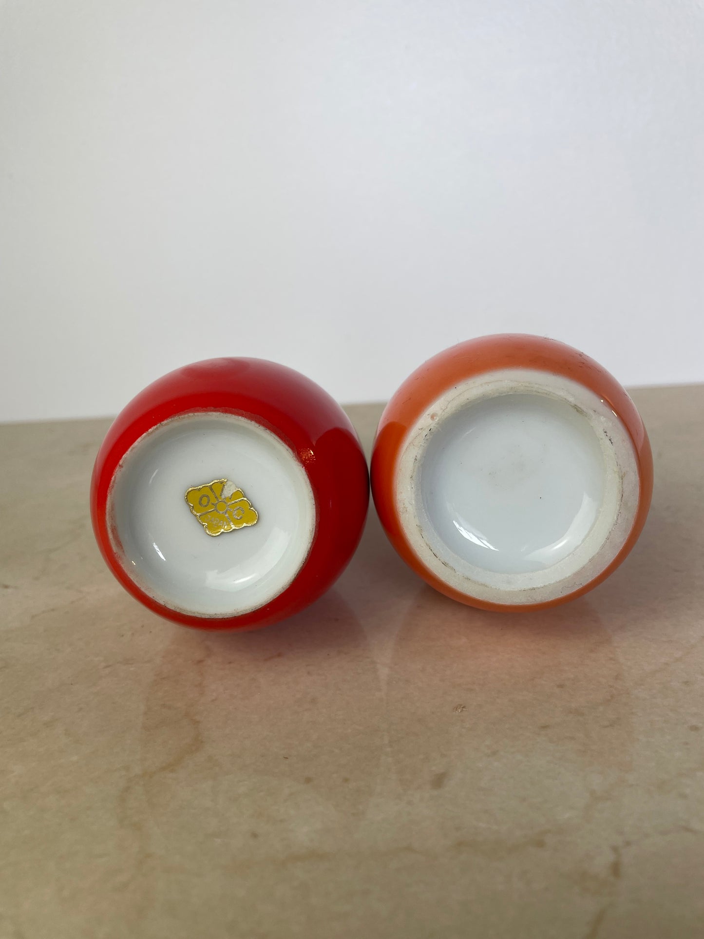 Pair Vintage Omc Japan Ceramic Sake Bottles, Red & Orange