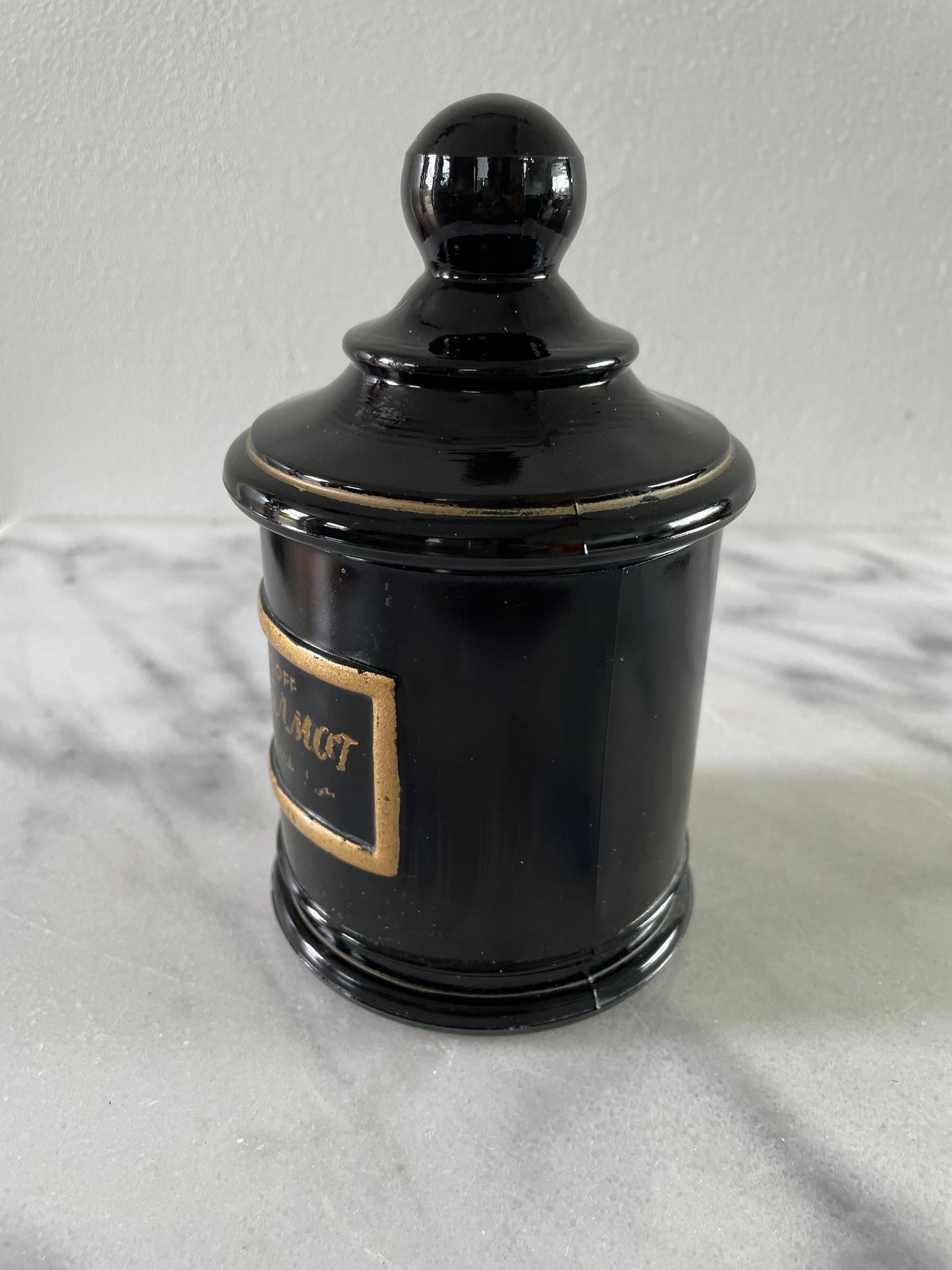 Vintage Black Glass Apothecary Jar Jean Vivaudou Co. Orloff Bergamot Men's Bath Talc