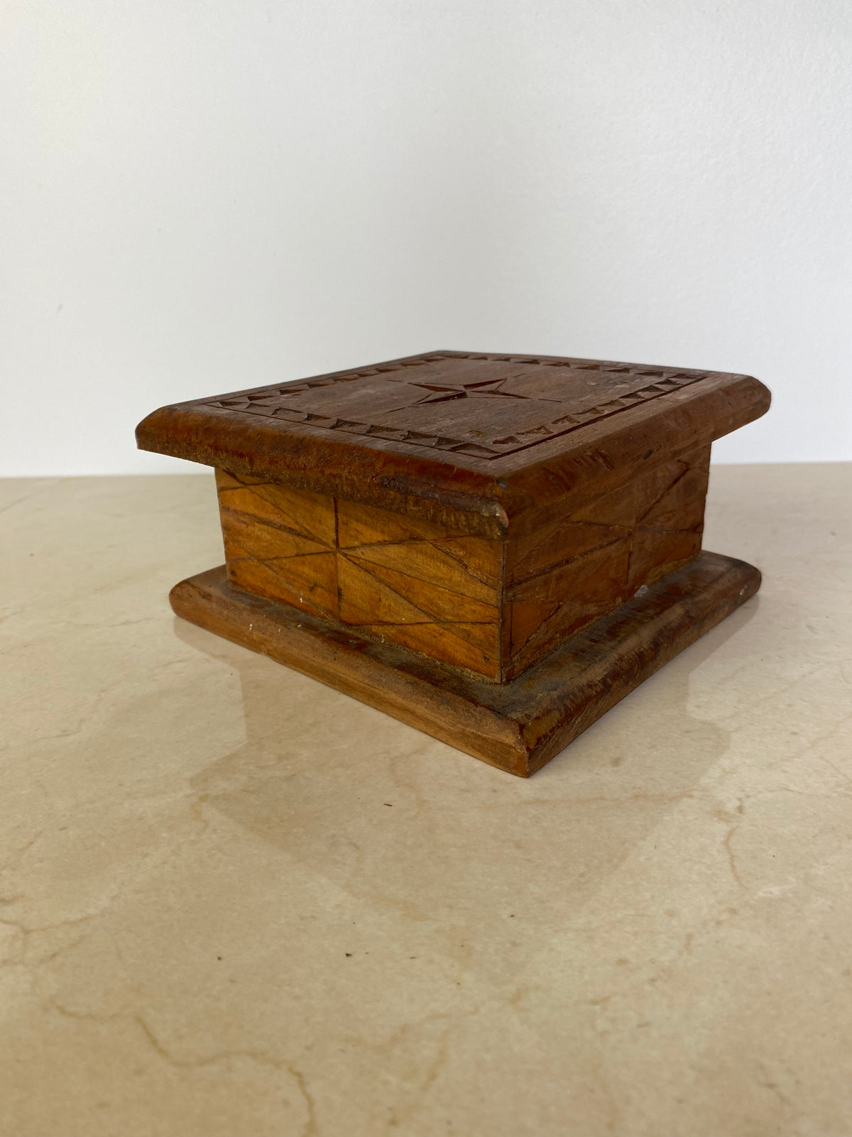 Vintage Hand-Carved Wood Folk Art Lidded Box With Star Motif