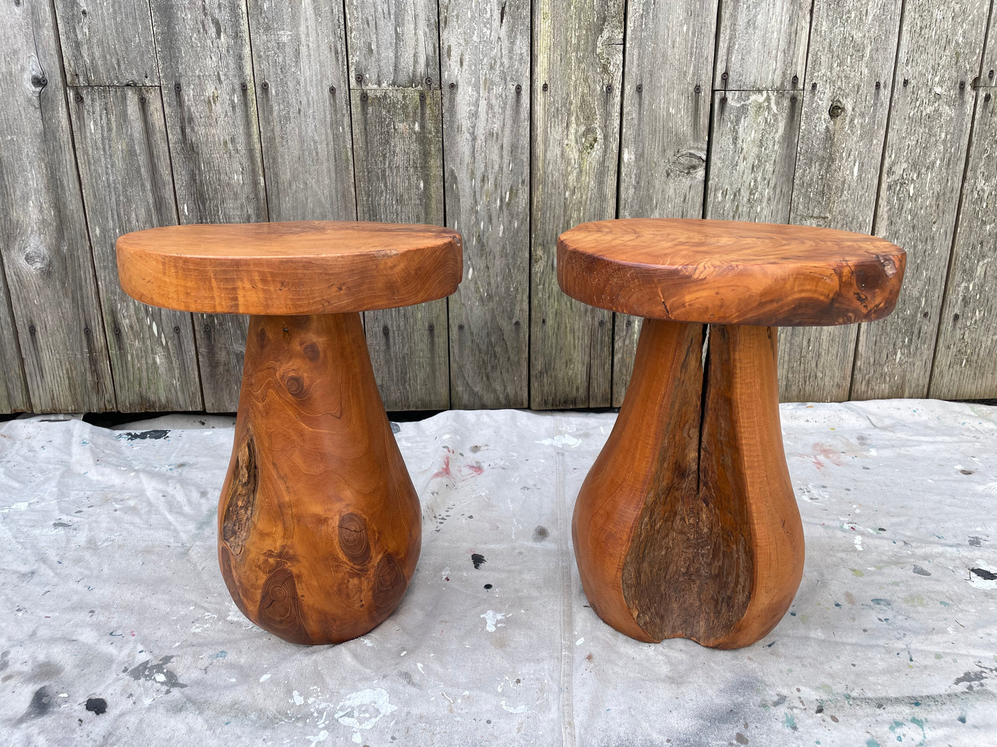 Mid 20th Century Rustic Solid Teak Wood Mushroom Tables - a Pair