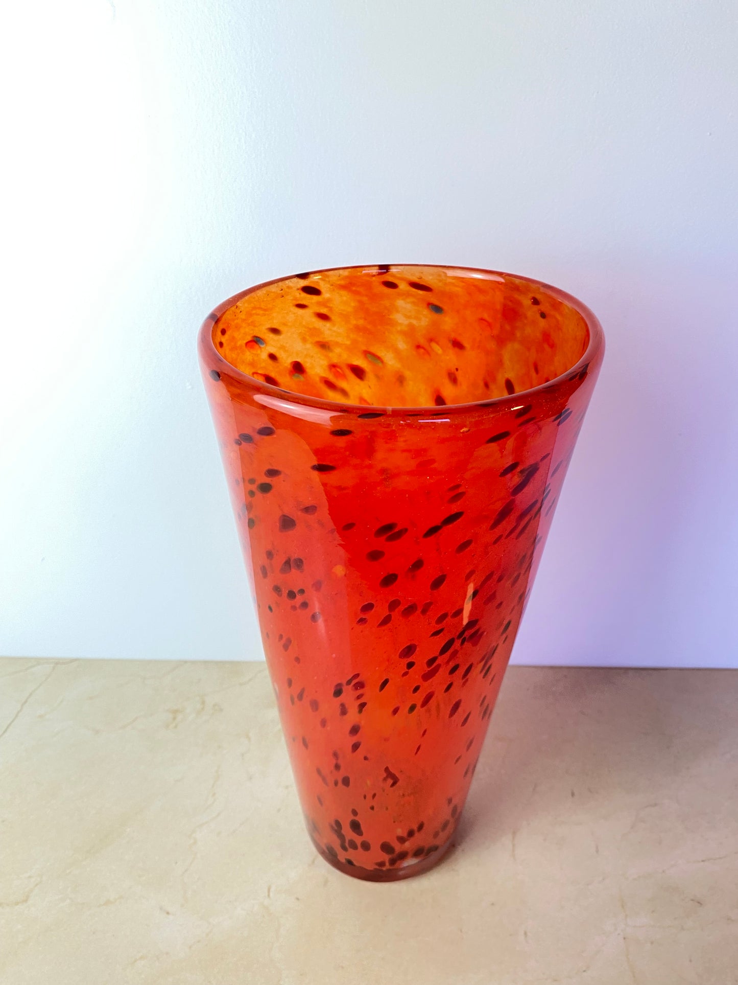 Henry Dean Mouth-Blown Red & Black Speckled Glass Vase, Signed