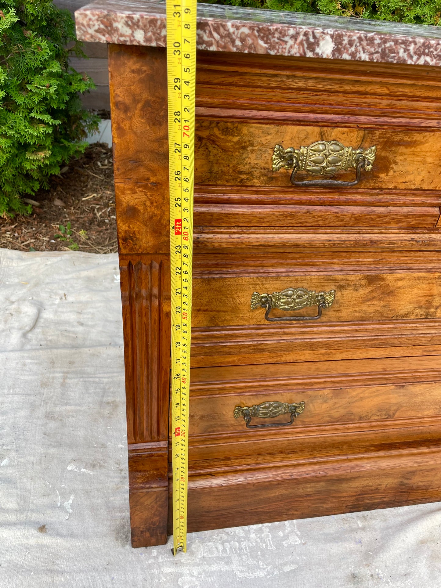 Early 20th Century Victorian Oxblood Marble 5 Drawer Chest Dresser