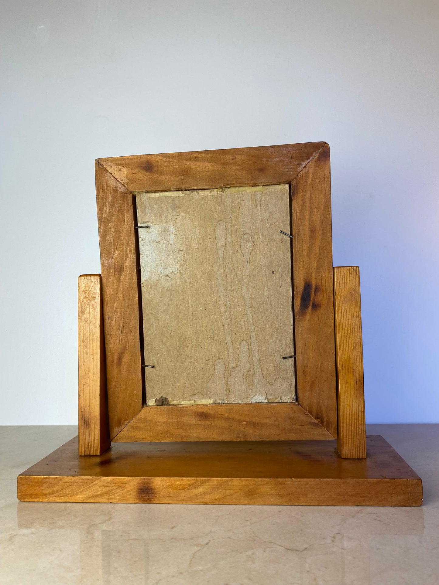 Vintage Handmade Carved Pine Tabletop Picture Frame on Stand, Rustic Folk Art Photo Display