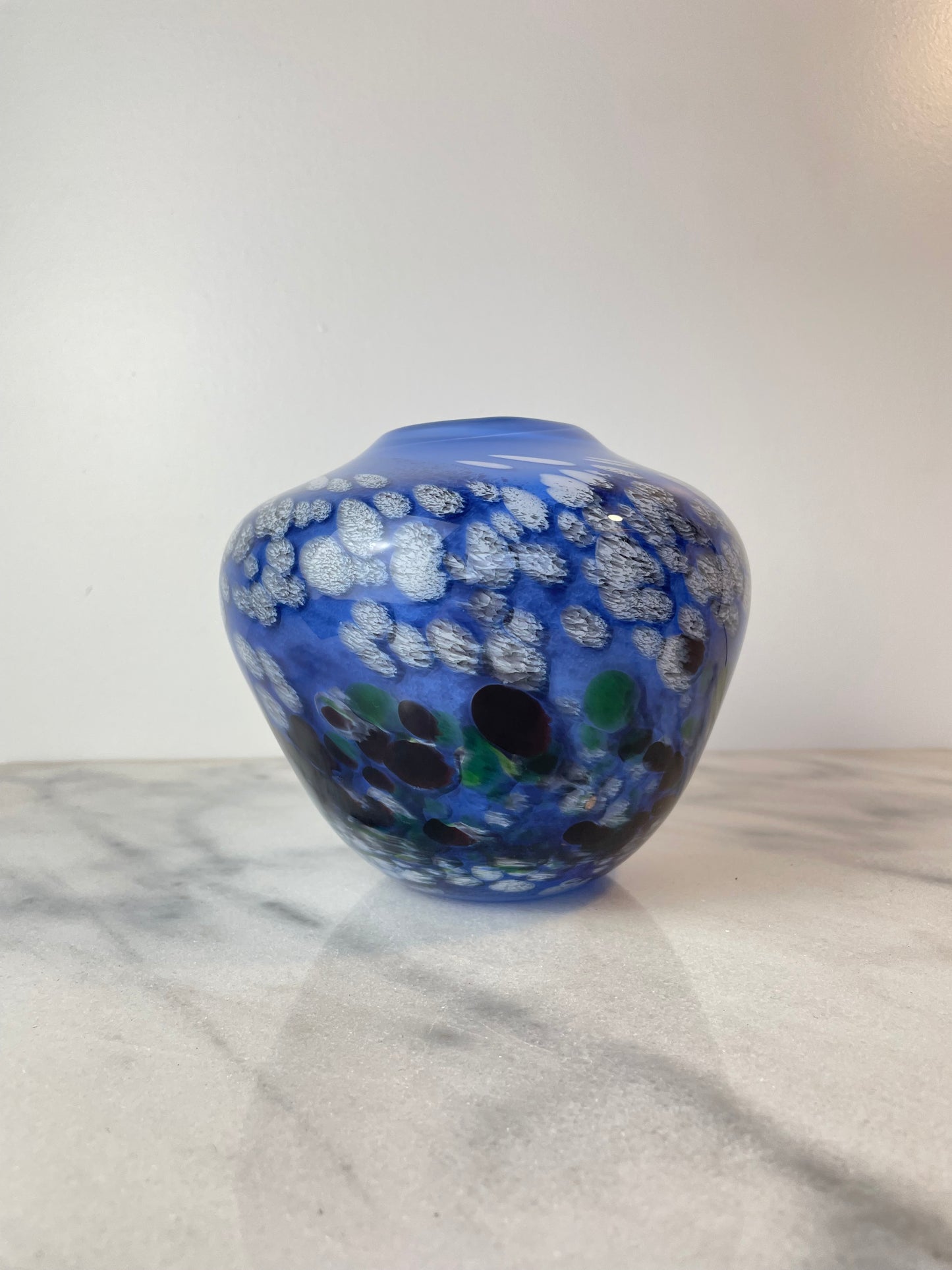 Signed James Kingwell Icefire Art Glass Vase in Blue Purple & White