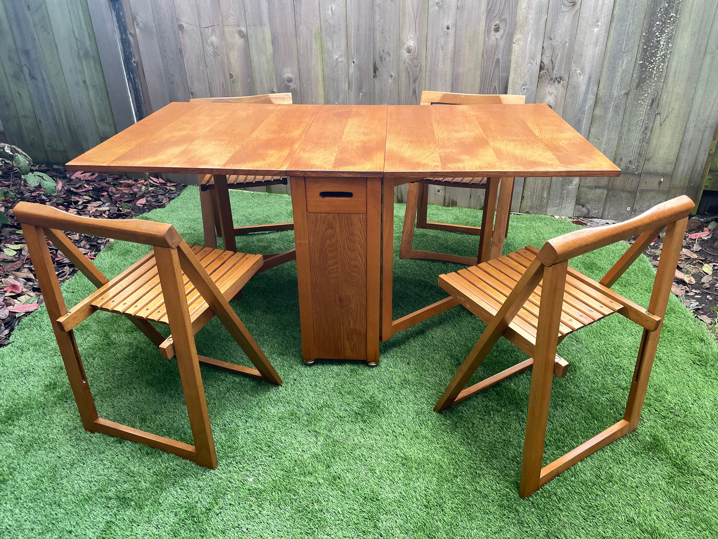 Mid Century Modern Gateleg Drop Leaf Dining Table on Casters With Folding Chairs - 5 Pieces