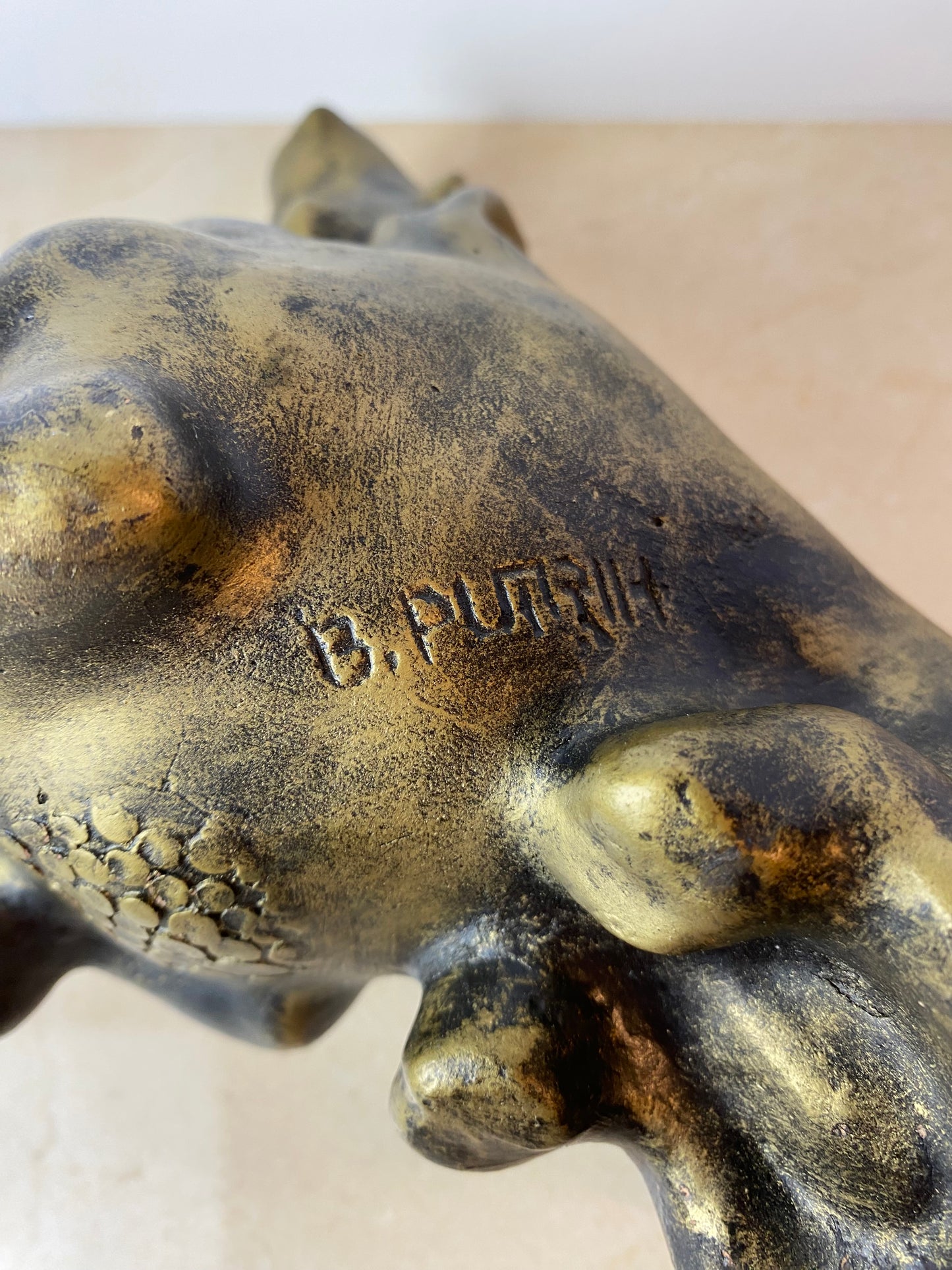 Signed Mid-Century Modern Brutalist Ceramic Bull Sculpture by Boštjan Putrih, 1970s