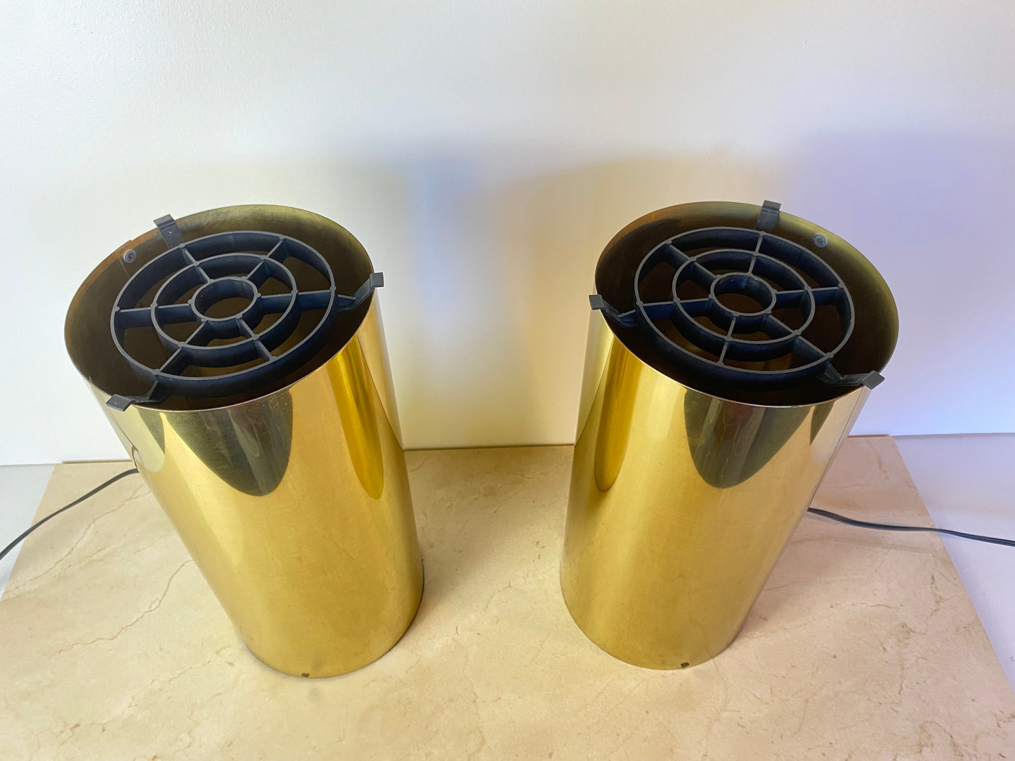 Pair of Vintage Brass Cylinder Table Lamps in the Style of Robert Sonneman, 1970s Modernist Uplights