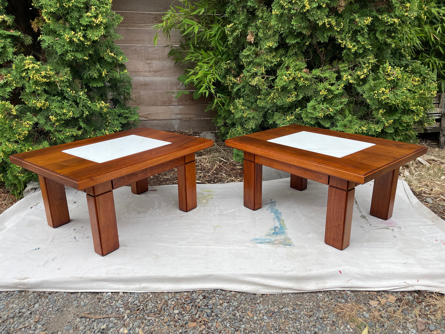 Mid-Century Studio Solid Walnut & Marble Side Tables Pair