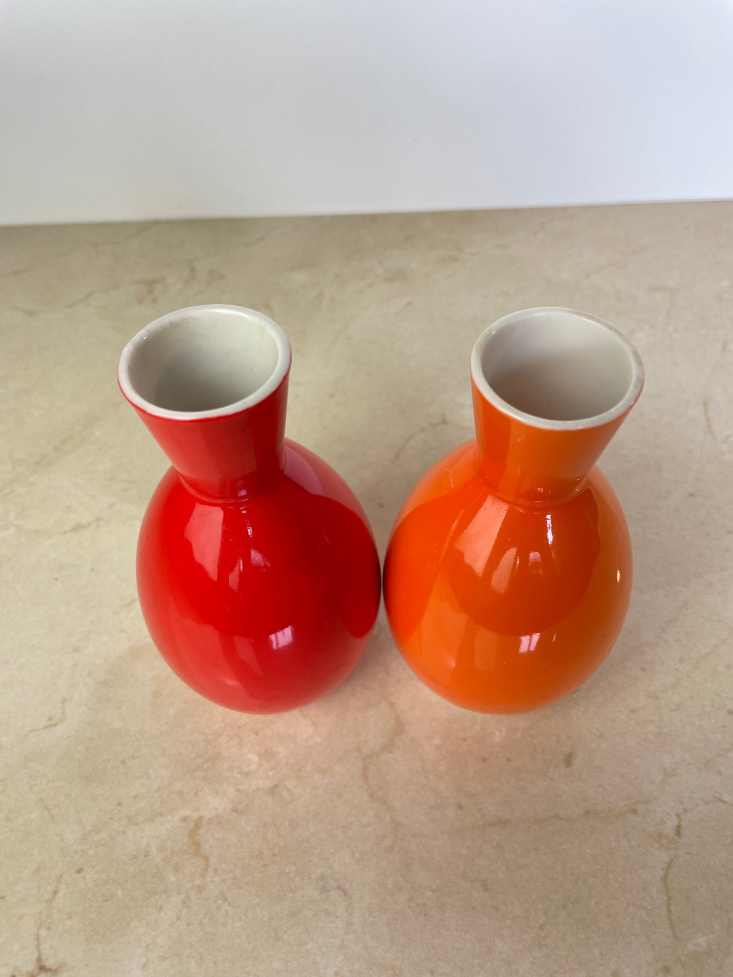 Pair Vintage Omc Japan Ceramic Sake Bottles, Red & Orange