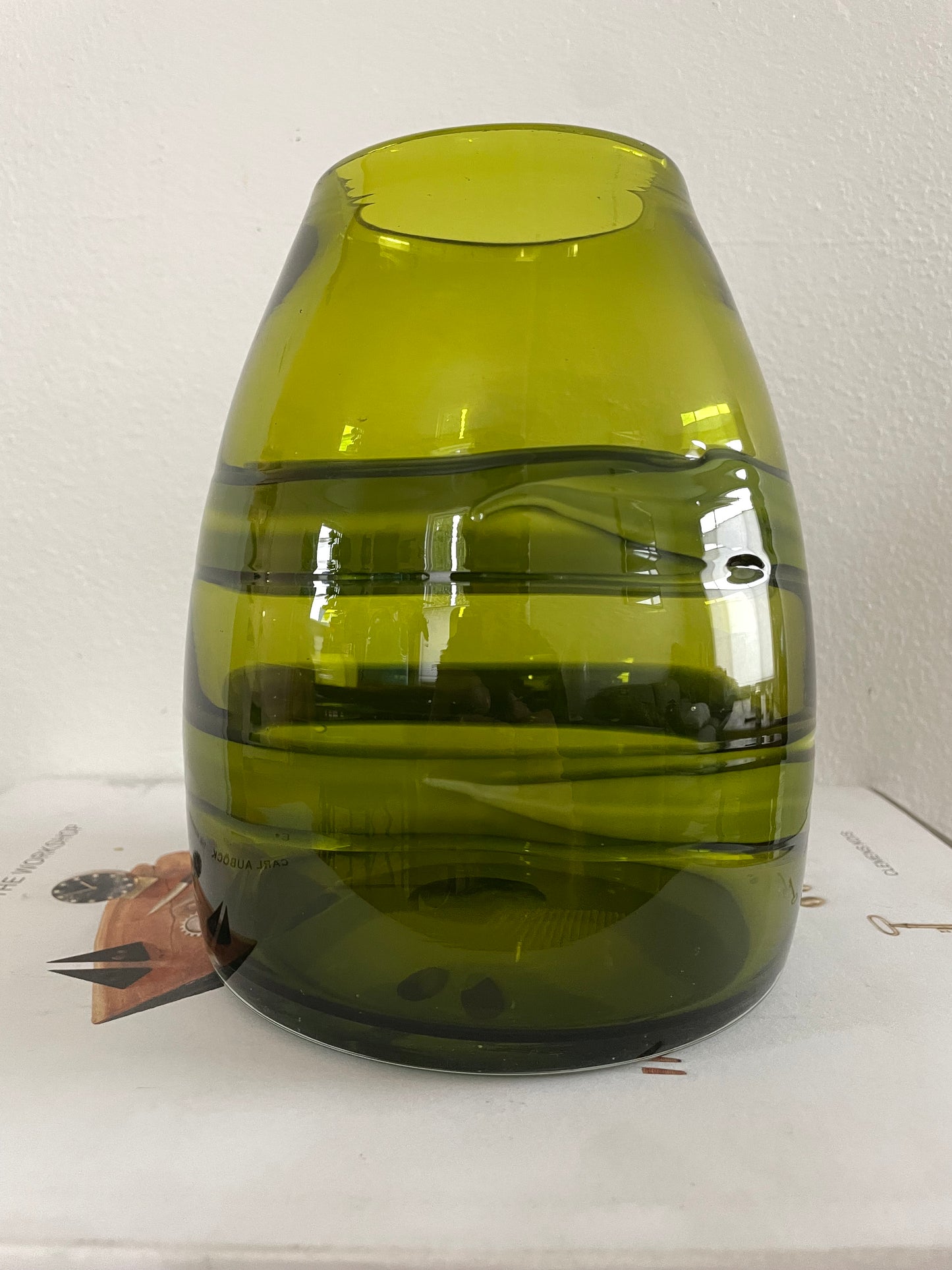 1990s Studio Art Glass Hand Blown Vase in Olive Green