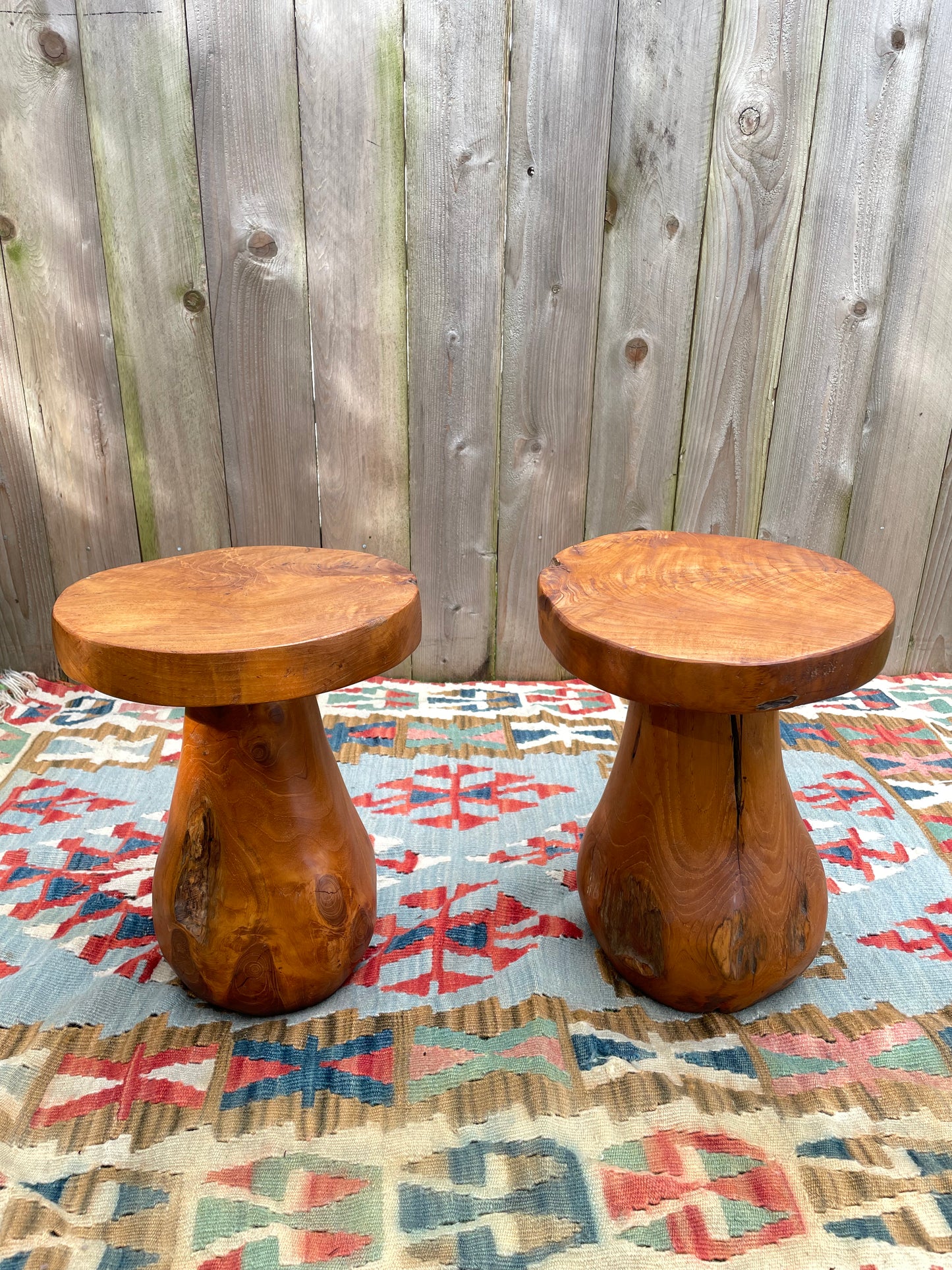 Mid 20th Century Rustic Solid Teak Wood Mushroom Tables - a Pair