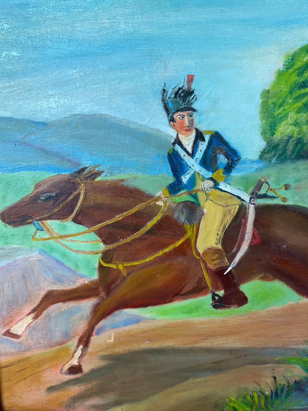 Vintage Naive Folk Art Painting, Equestrian Officer, Signed Anna Werner