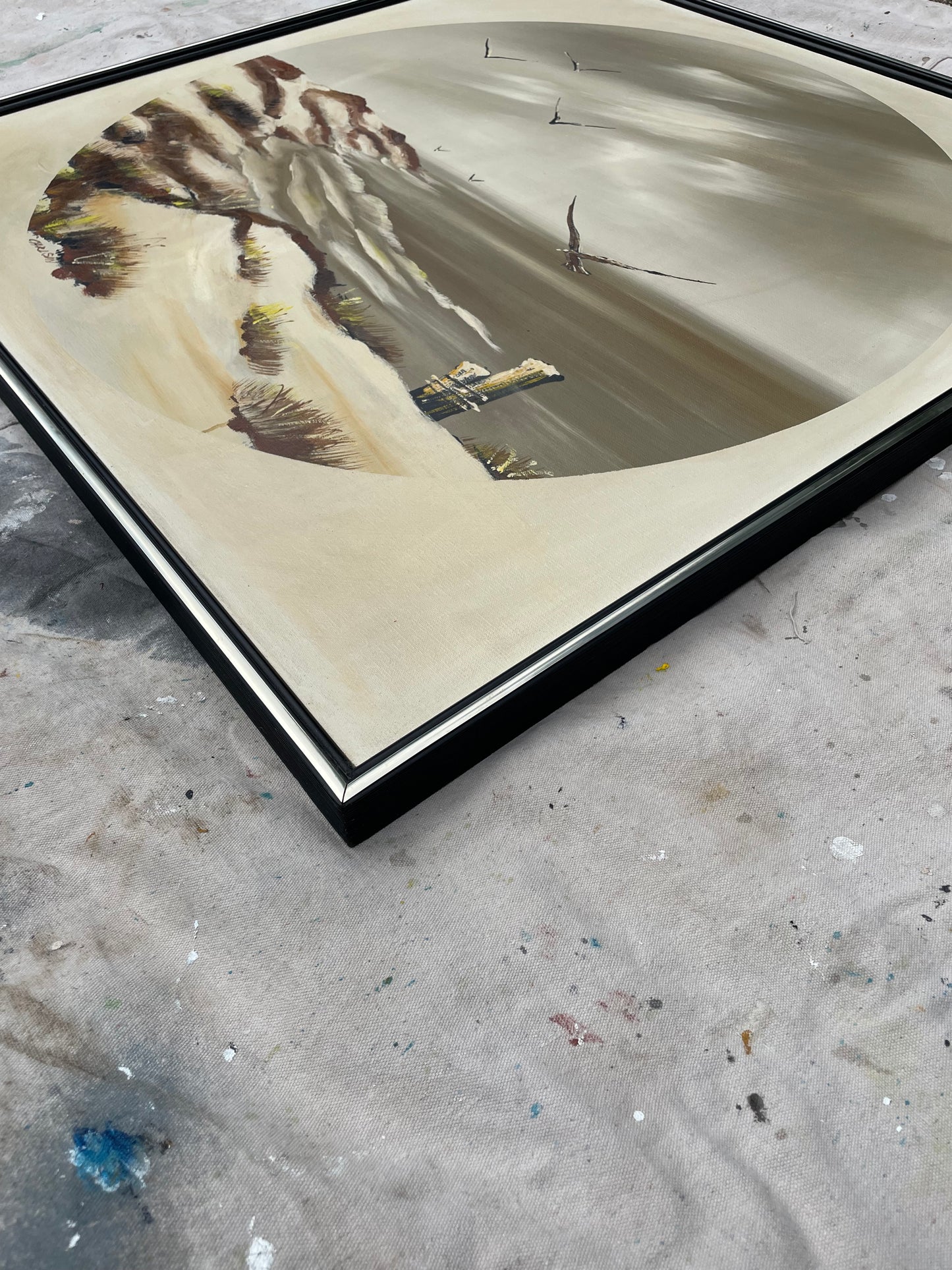 Mid 20th Century Signed Carlson Seascape Oil Painting – Gulls & Dunes on Canvas