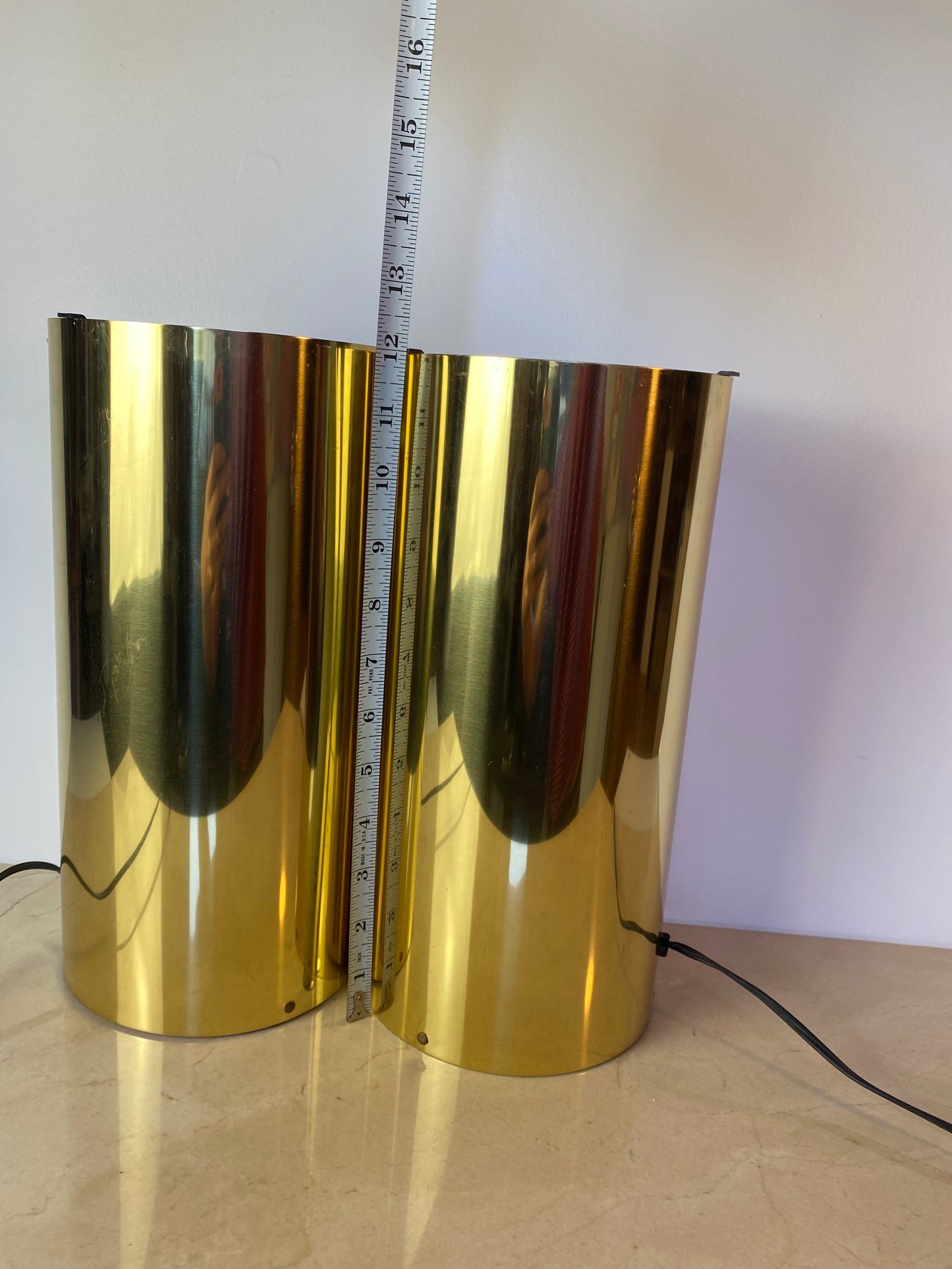 Pair of Vintage Brass Cylinder Table Lamps in the Style of Robert Sonneman, 1970s Modernist Uplights
