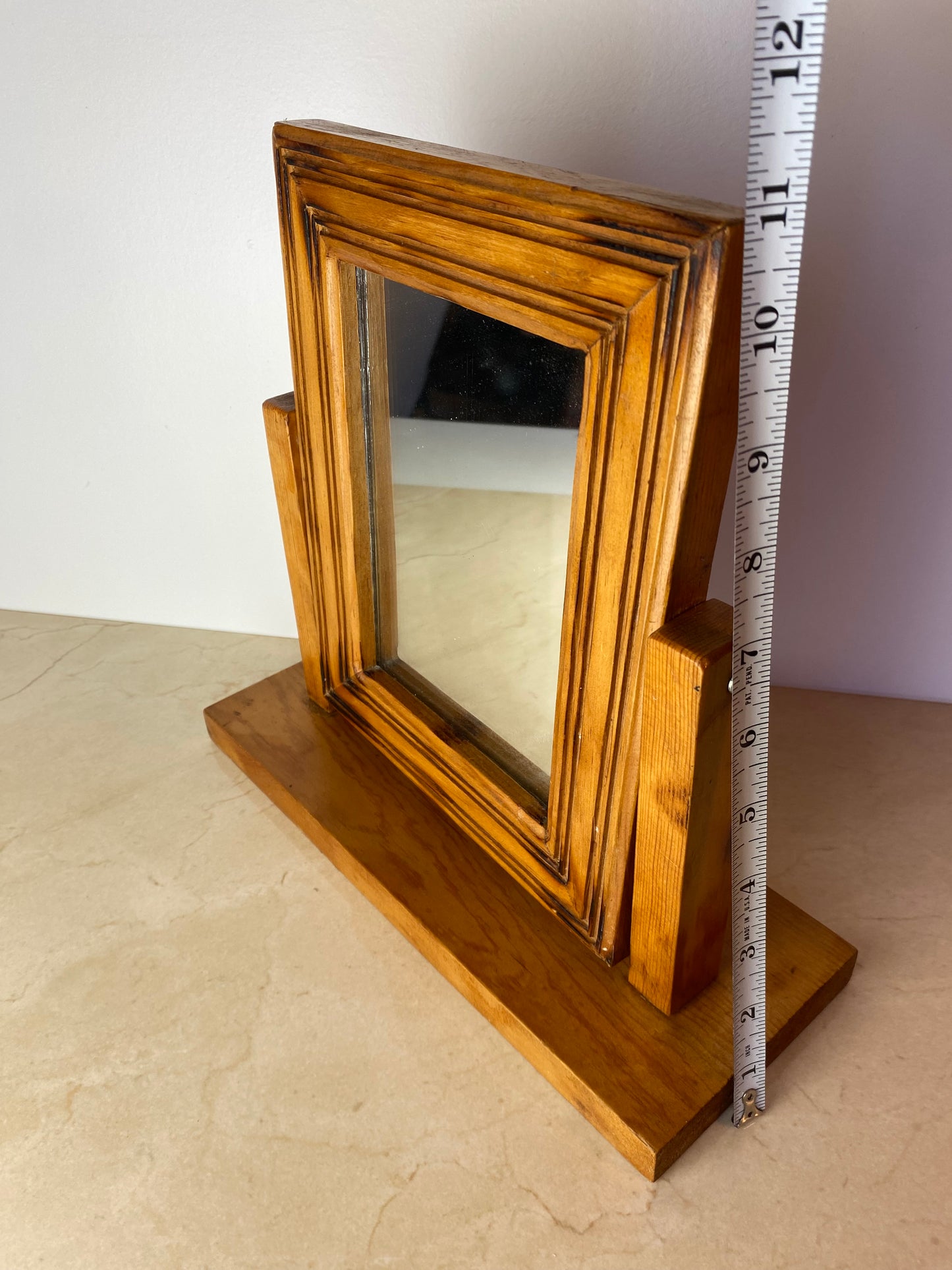 Vintage Handmade Carved Pine Tabletop Picture Frame on Stand, Rustic Folk Art Photo Display