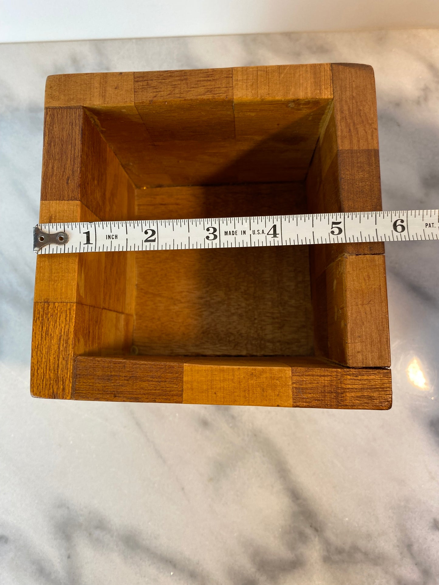 20th C. Mid-Century Modern Handcrafted Checkerboard Inlay Mixed Wood Cube Pen Holder or Planter