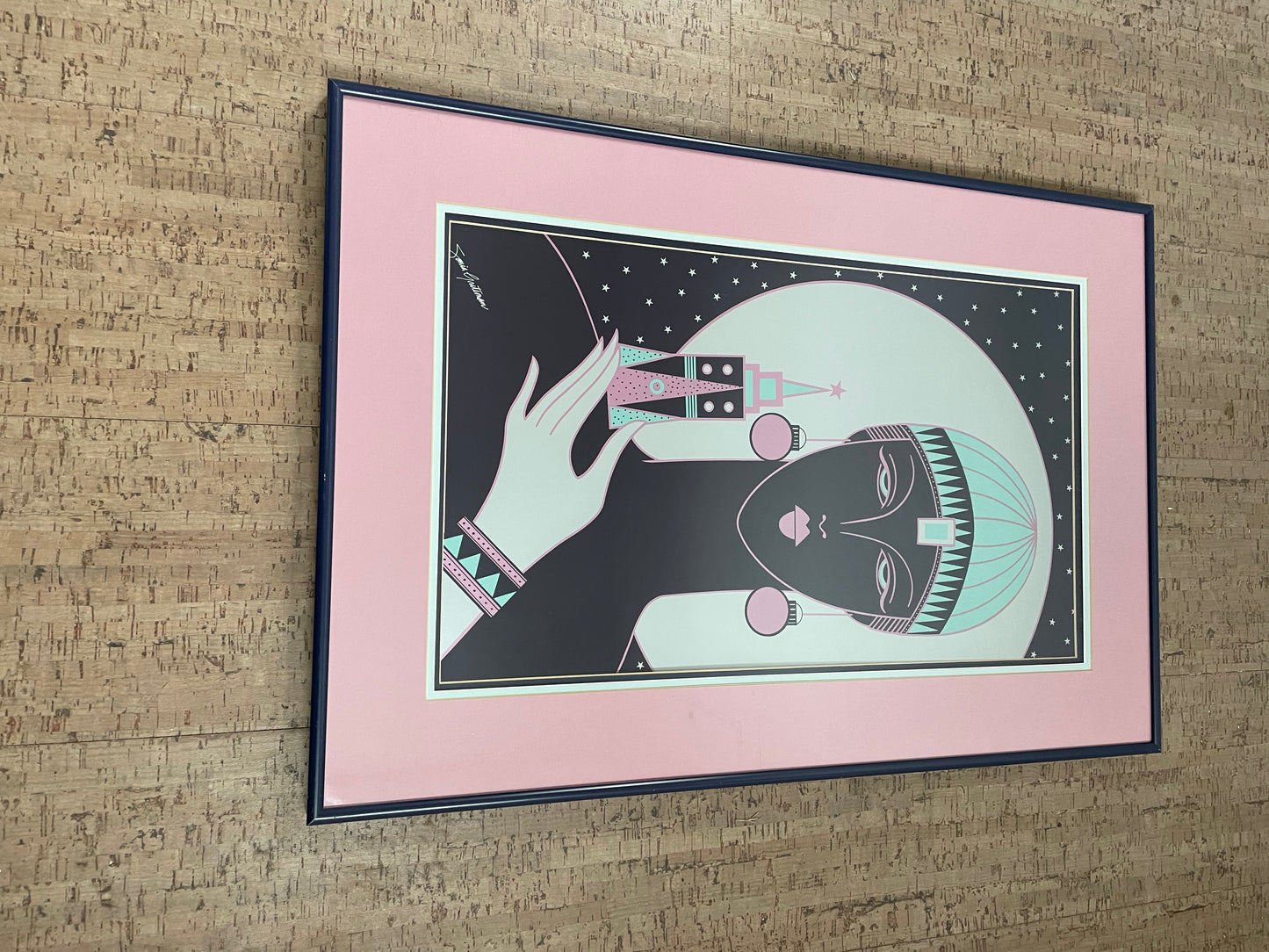Postmodern Signed Lithograph Woman Moon & City