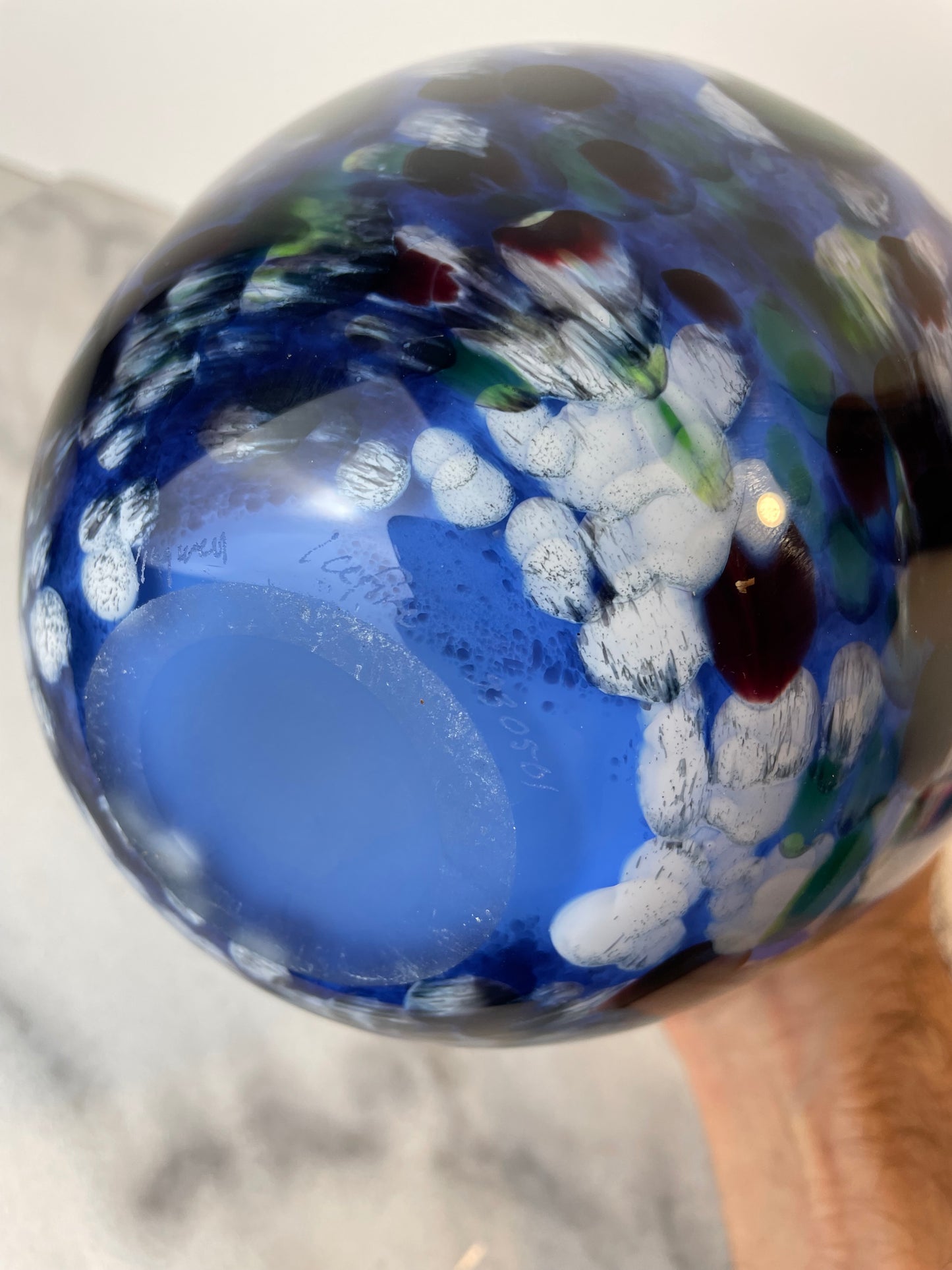 Signed James Kingwell Icefire Art Glass Vase in Blue Purple & White