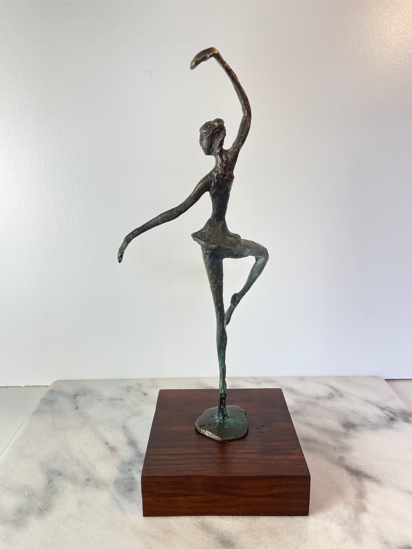 Vintage Abstract Bronze Ballerina Sculpture on Wood Base — Mid-Century Modern Figurative Art