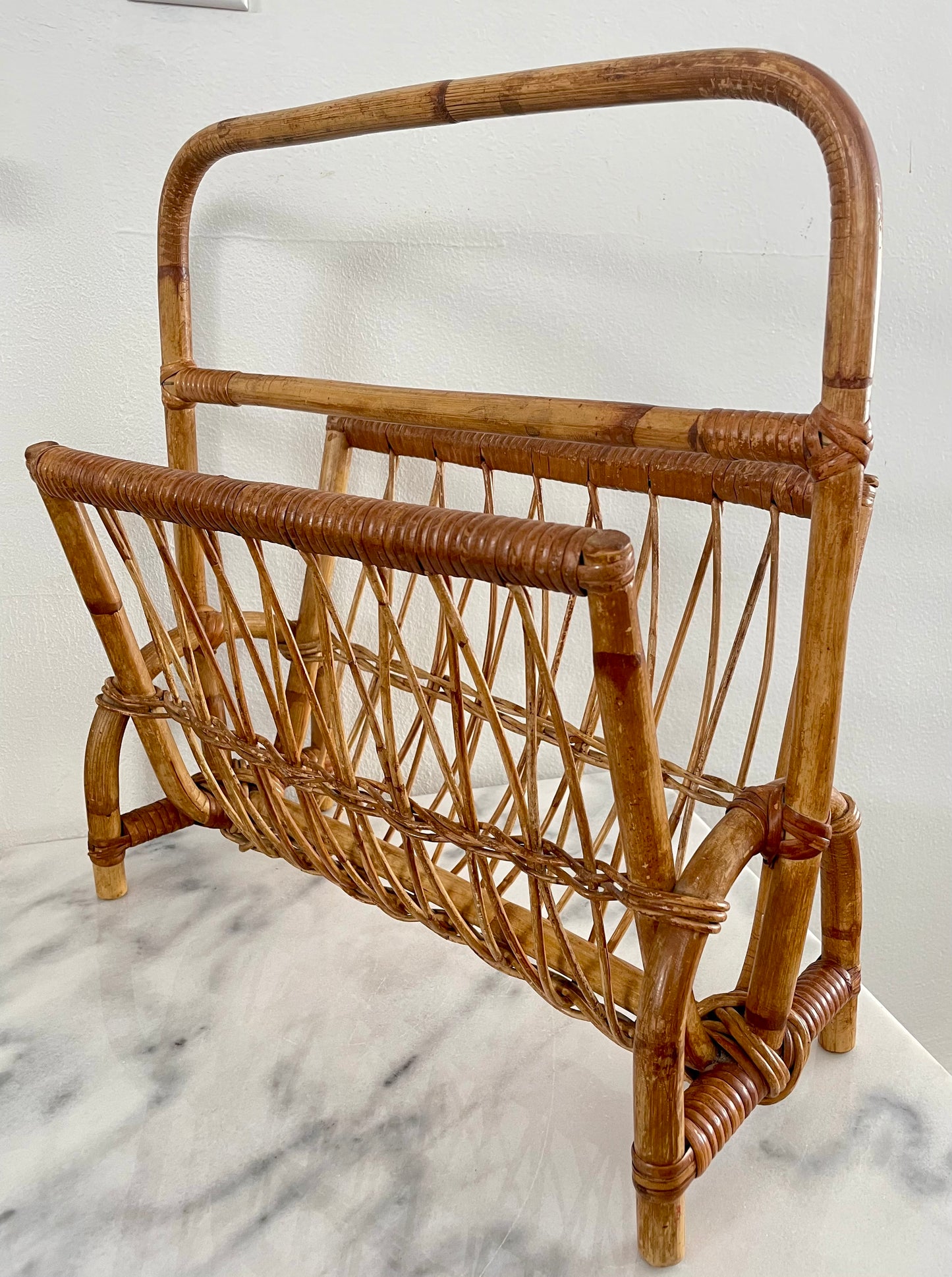 1970s Vintage Franco Albini Style Rattan Bamboo Magazine Rack