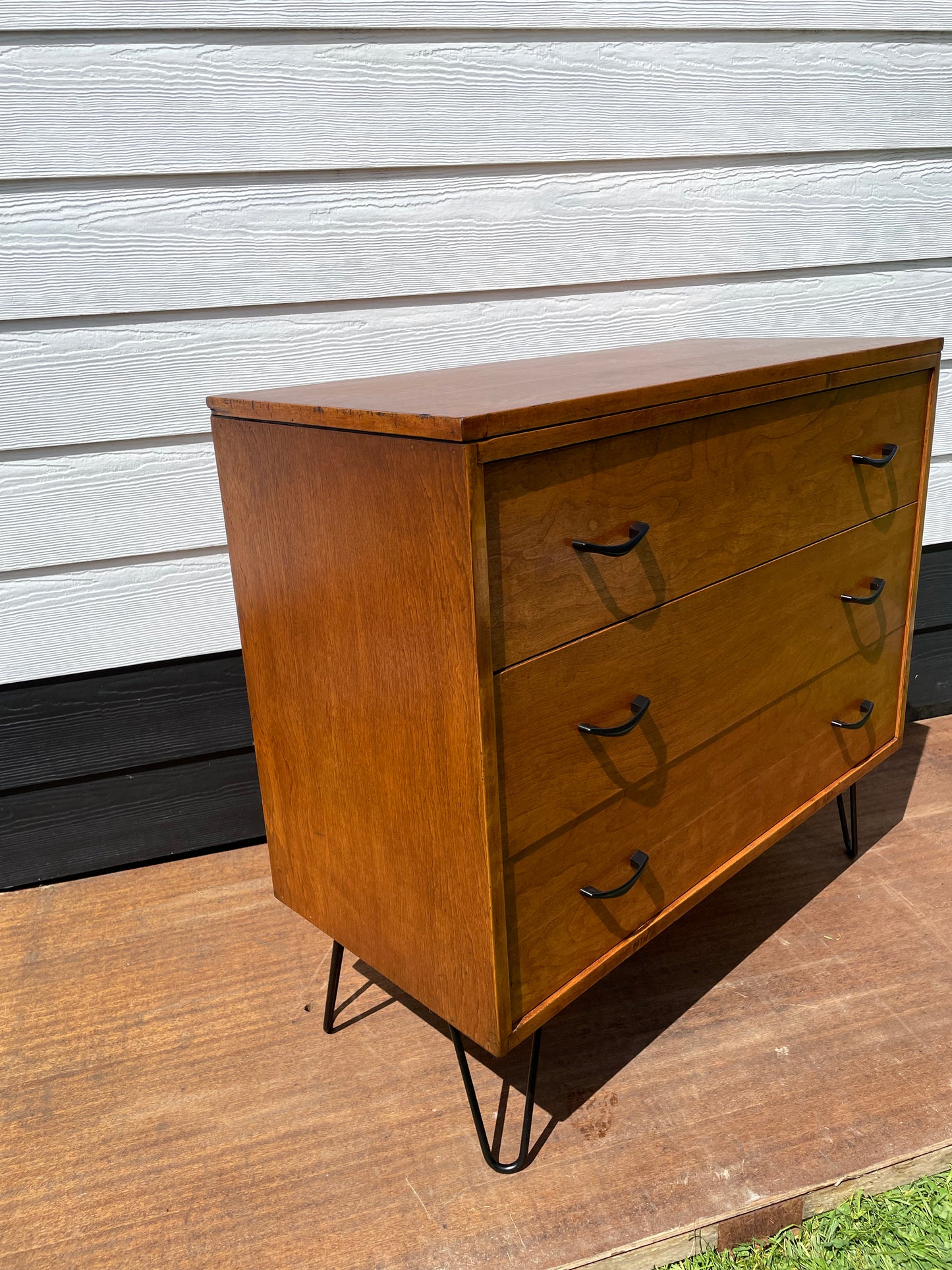 Mid-Century Modern Wood 3 Drawer Dresser on Hairpin Legs