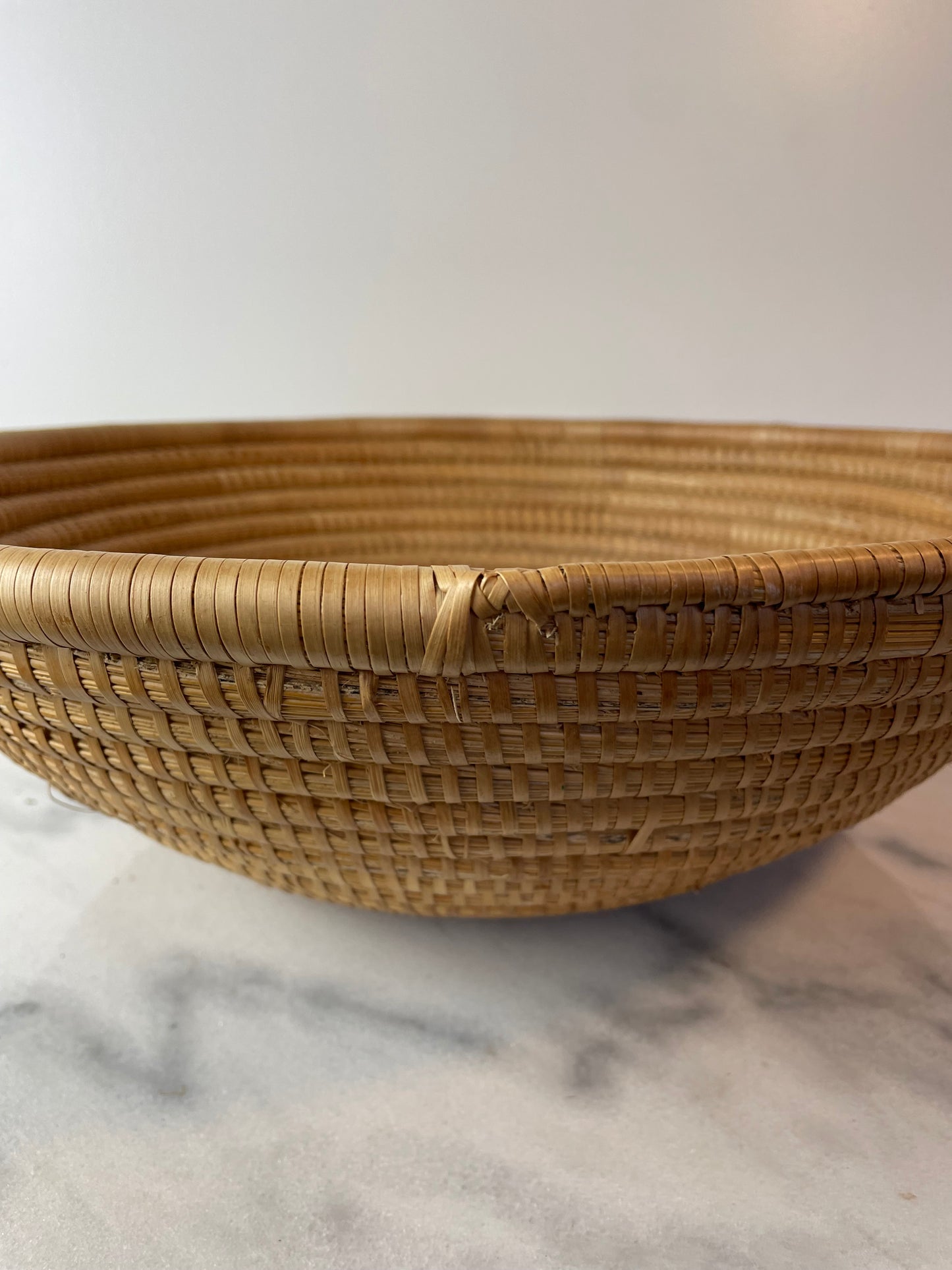 Handwoven Coiled Rattan Shallow Basket Bowl Natural Fiber Boho & Coastal Decor