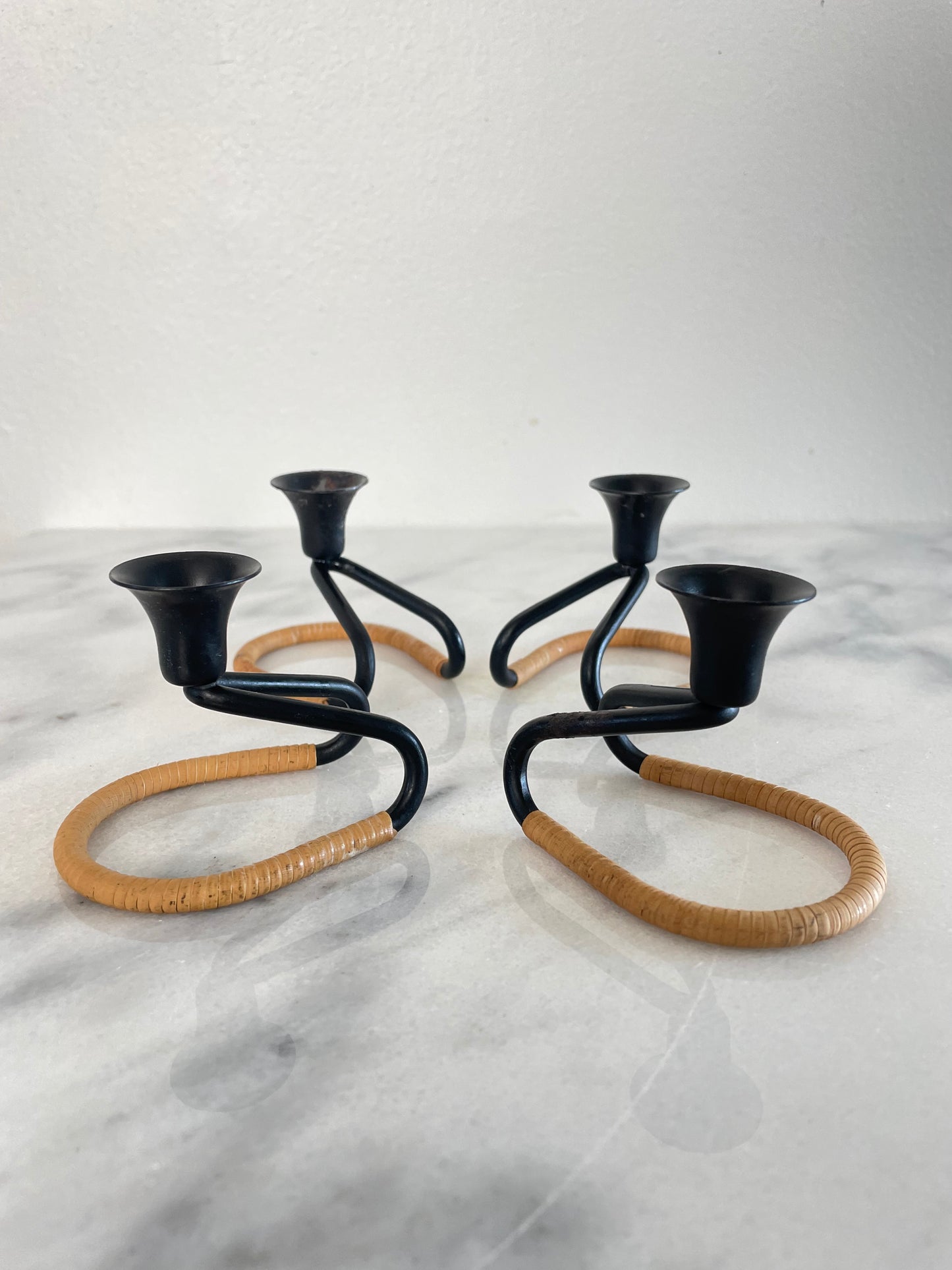 Mid 20th Century Walter Bosse Blacked Steel & Woven Natural Raffia Fiber Candlesticks, Unmarked - Set of 4