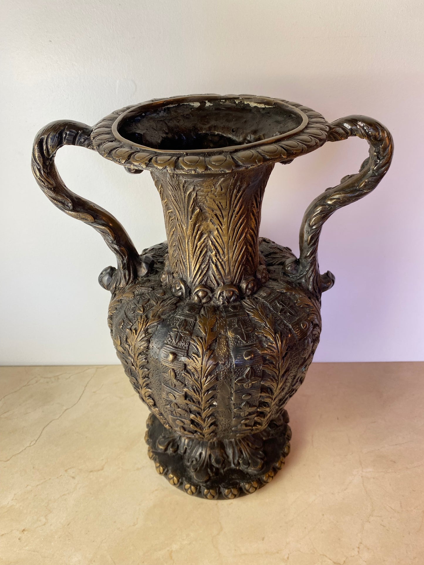 Large Italian Baroque-Style Bronze/Brass Urn With Serpent Handles