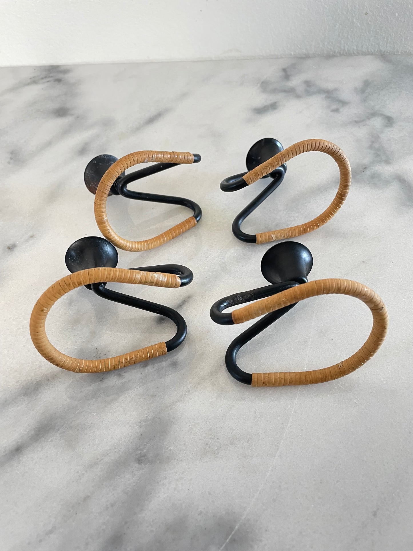 Mid 20th Century Walter Bosse Blacked Steel & Woven Natural Raffia Fiber Candlesticks, Unmarked - Set of 4