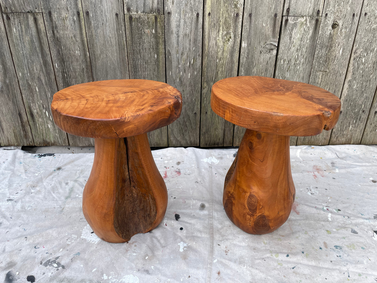 Mid 20th Century Rustic Solid Teak Wood Mushroom Tables - a Pair