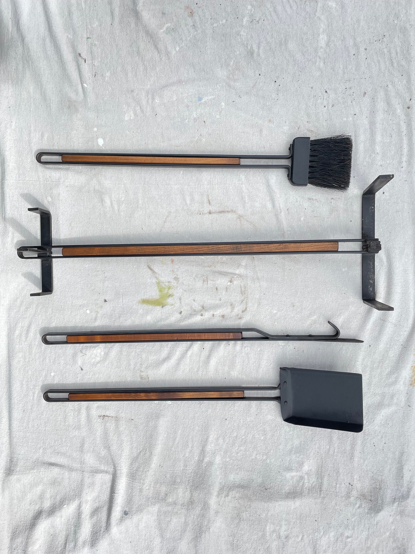 Mid Century Tony Paul Style Wood and Wrought Iron Fireplace Tools Set- 4 Pieces