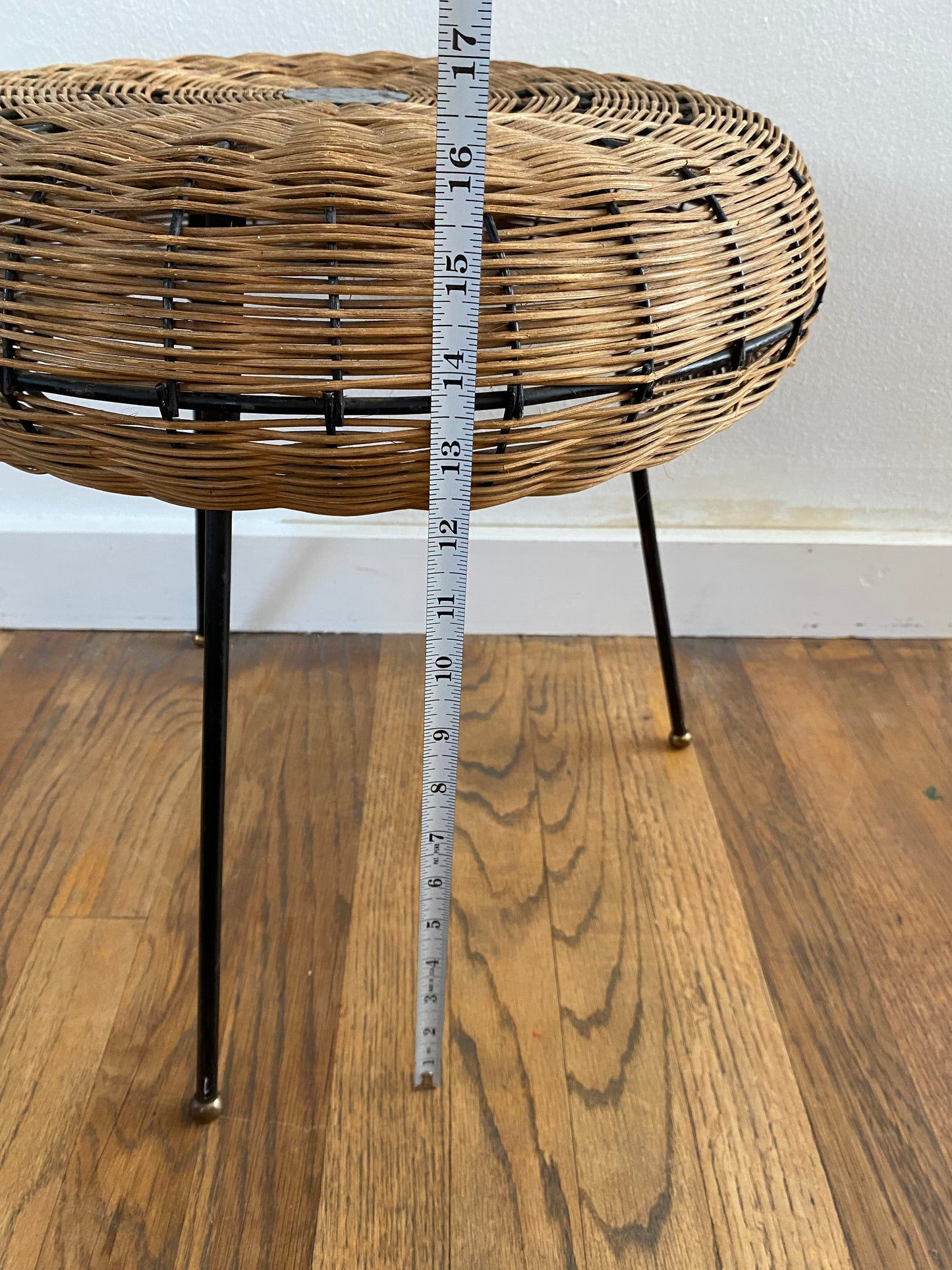 Mid-Century Modern French Woven Rattan Tripod Stool