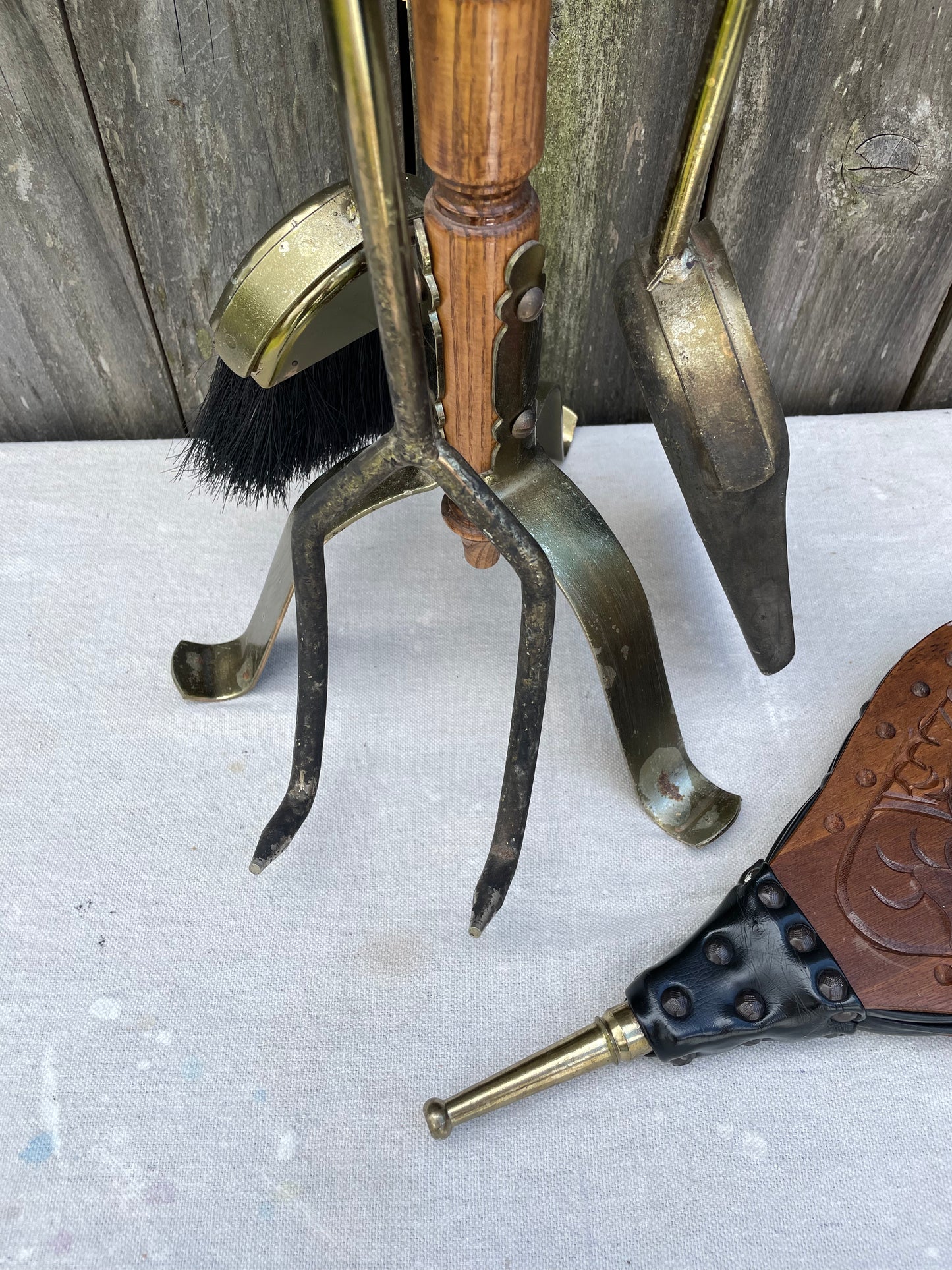 Mid-Century Oak Handled Fireplace Tools Set With Brass Accents and Stand- 5 Pieces