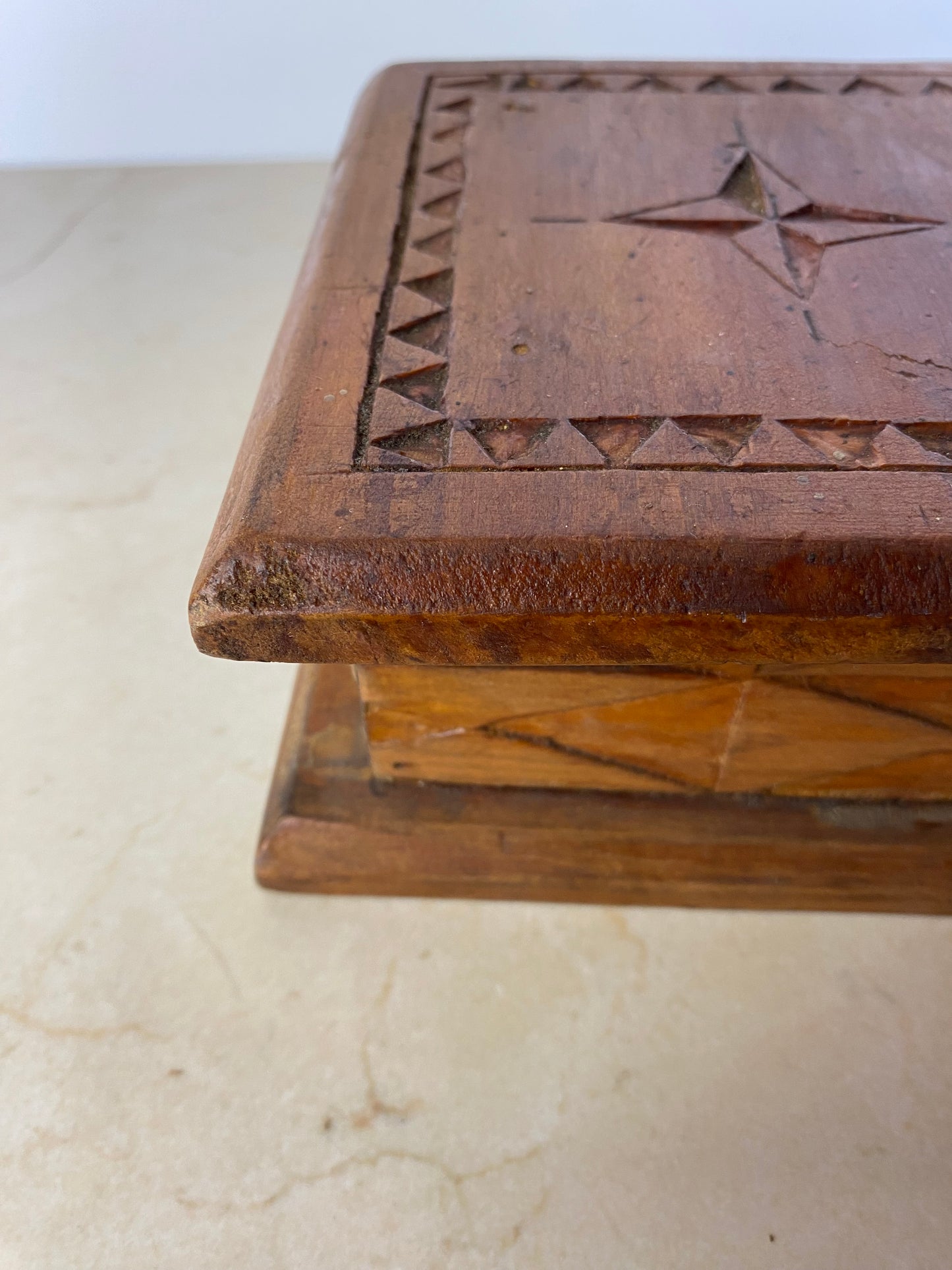 Vintage Hand-Carved Wood Folk Art Lidded Box With Star Motif