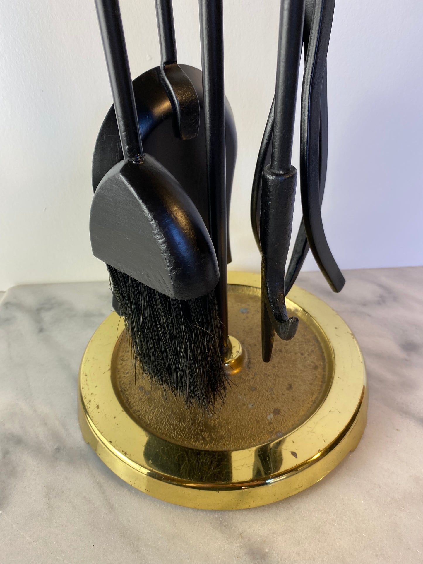 Modern Brass and Black Metal Fireplace Tool Set 4-Piece With Stand