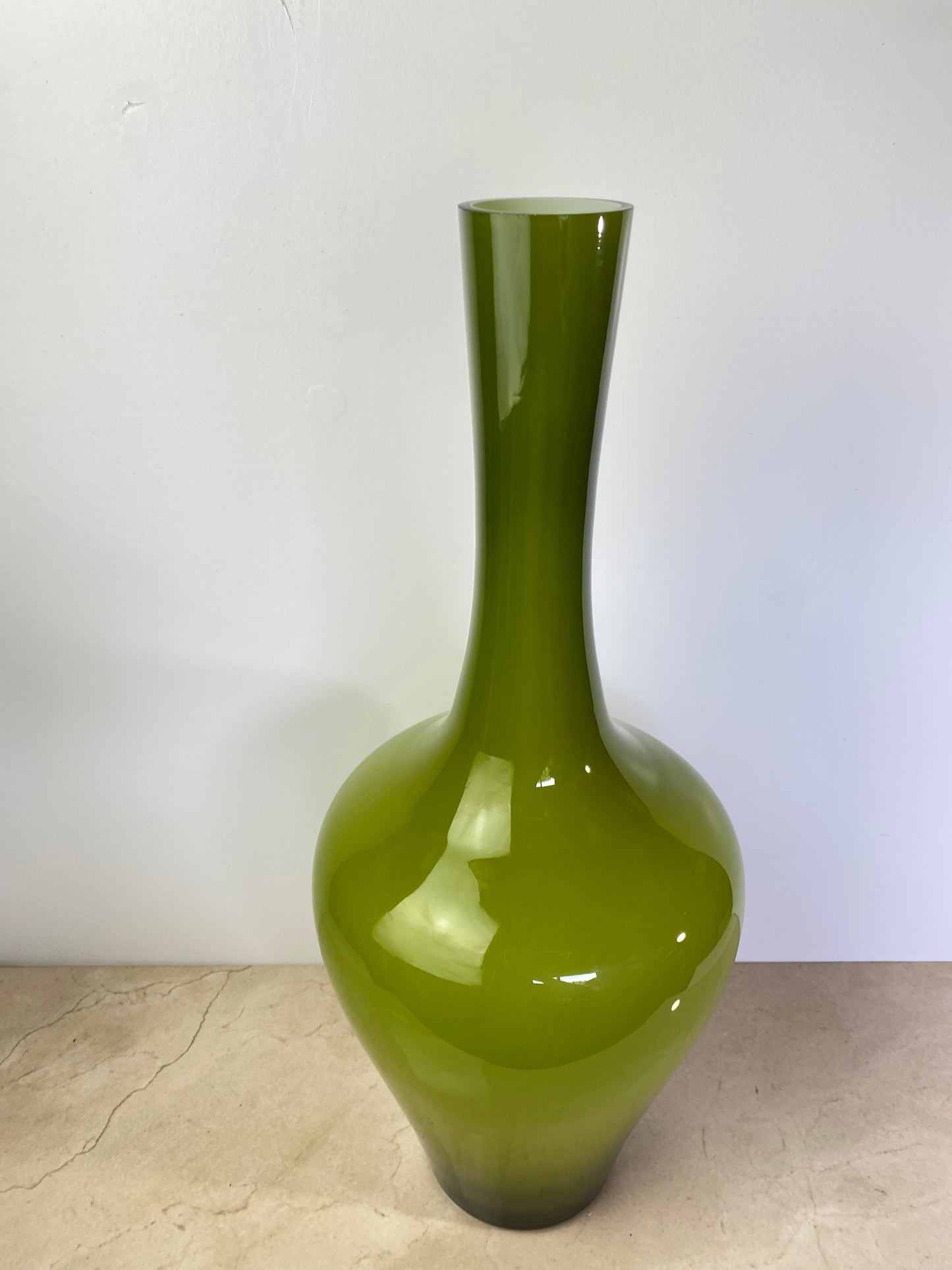 Vintage Mid-Century Italian Empoli-Style Cased Glass Bottle Vase in Olive Green