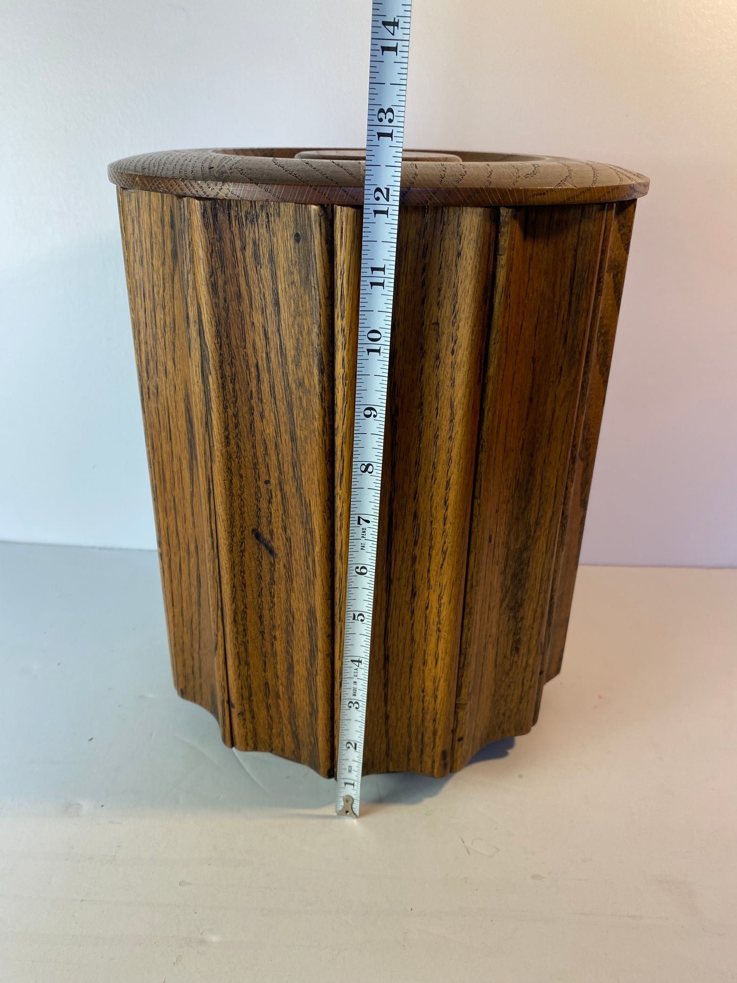 1970s Mid-Century Modern Oak Ice Bucket With Lid — Fluted Slat Barware