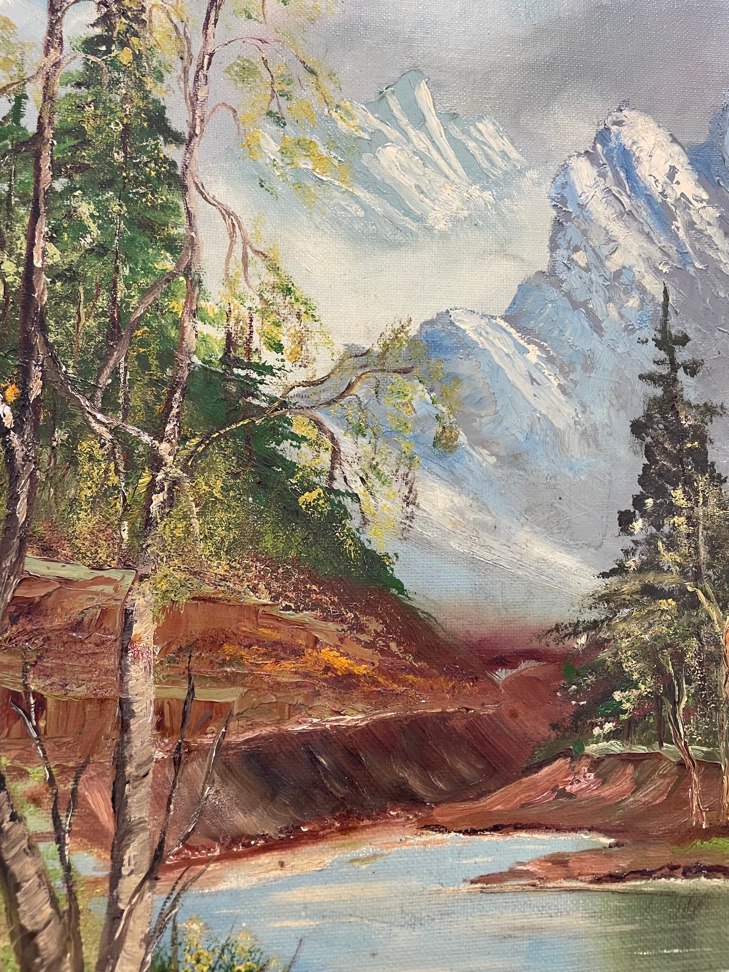 Mid 20th Century Signed Framed Vintage Mountain Landscape Oil on Board