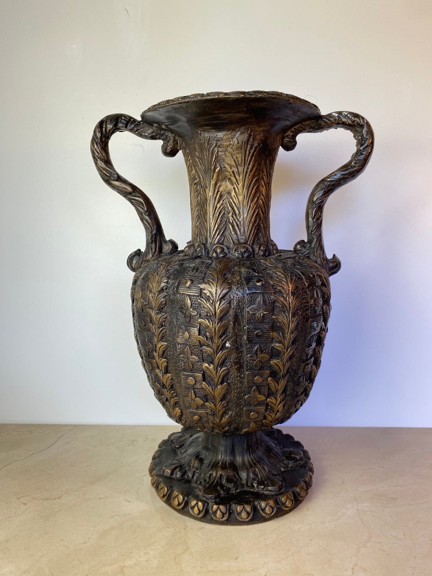 Large Italian Baroque-Style Bronze/Brass Urn With Serpent Handles