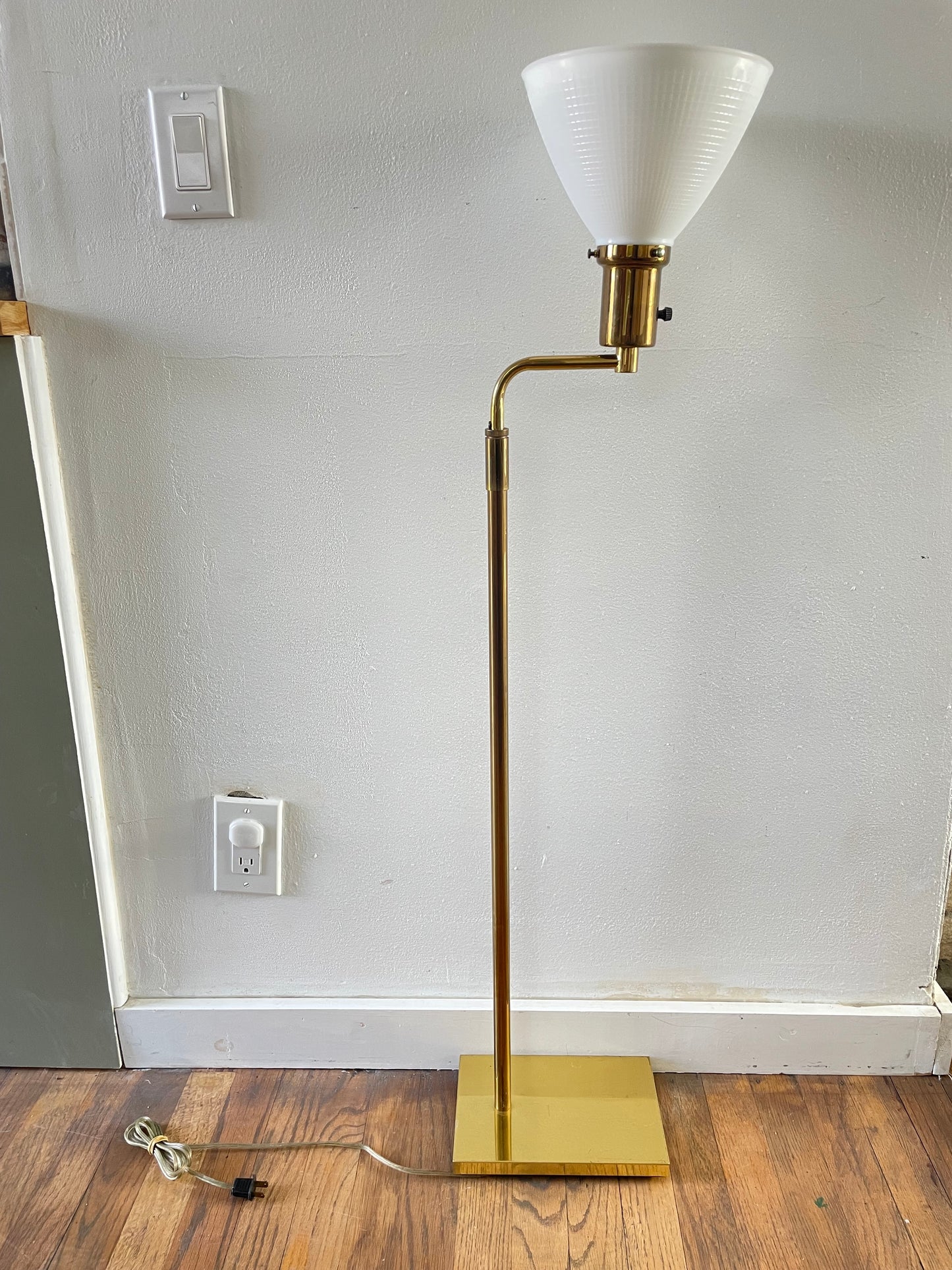 Late 20th Century Brass Library Floor Lamp With Milk Glass Shade