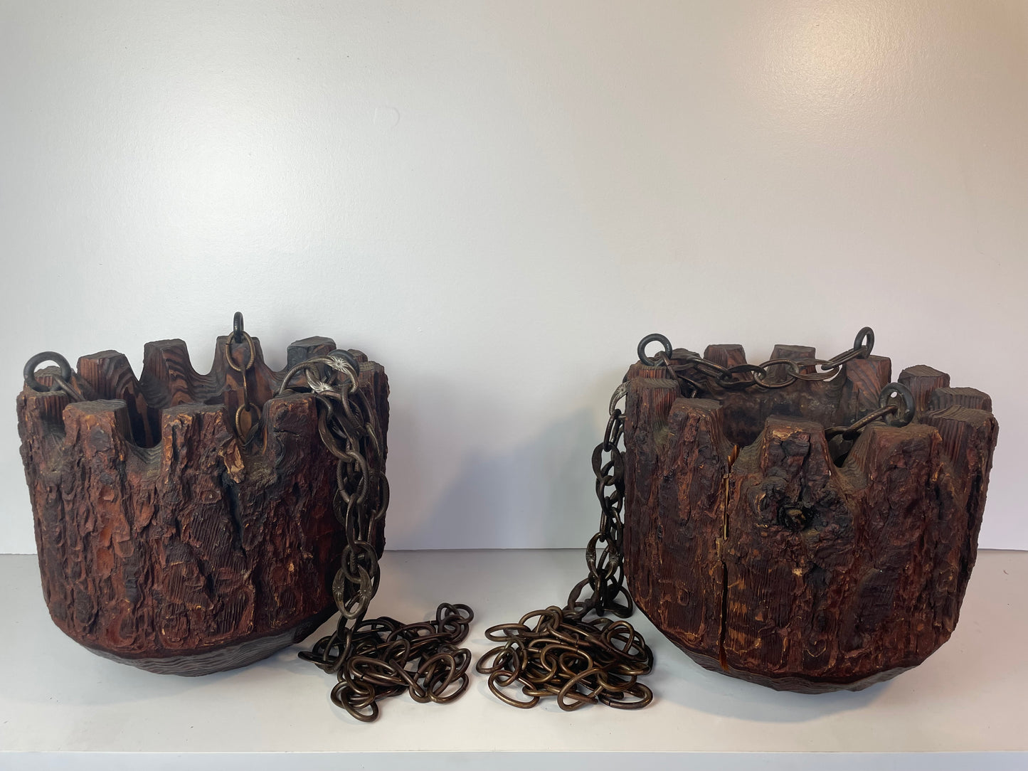 Mid 20th Century Rustic Mission Style Redwood Swag Chain Hanging Planters - A Pair