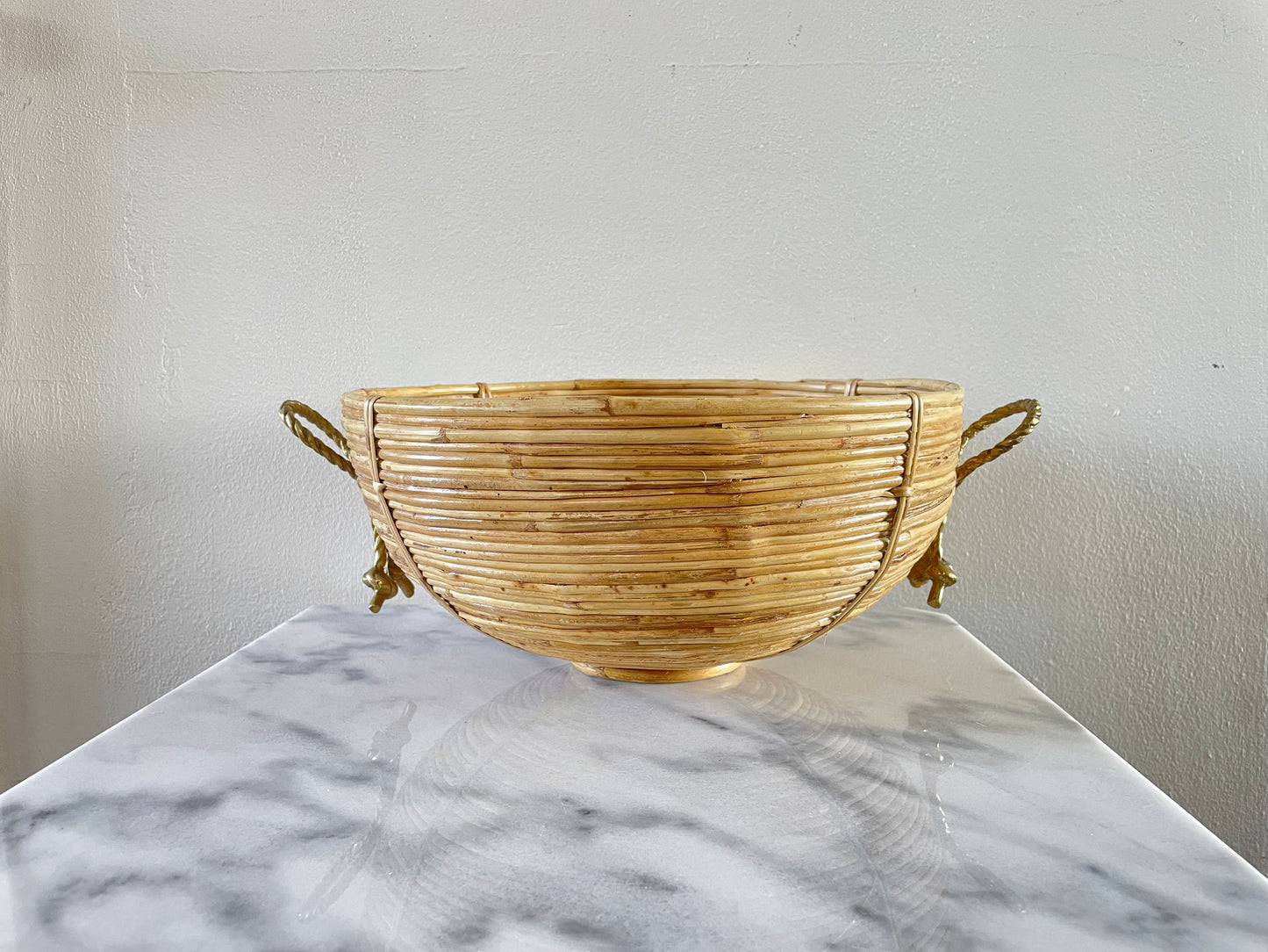 1970s Vintage Mid-Century Crespi Style Bamboo Brass & Rattan Bowl
