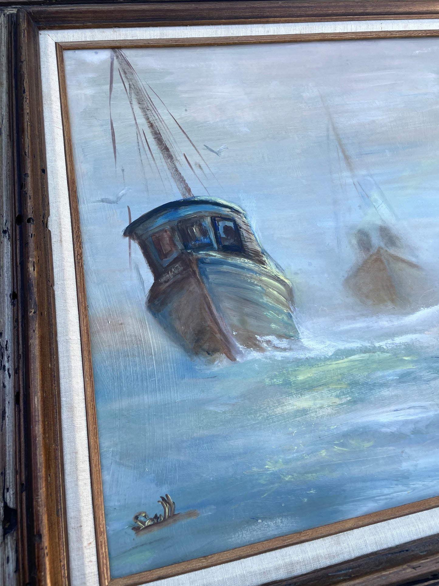 Nautical Seascape Fishing Boats Framed Vintage Oil on Board