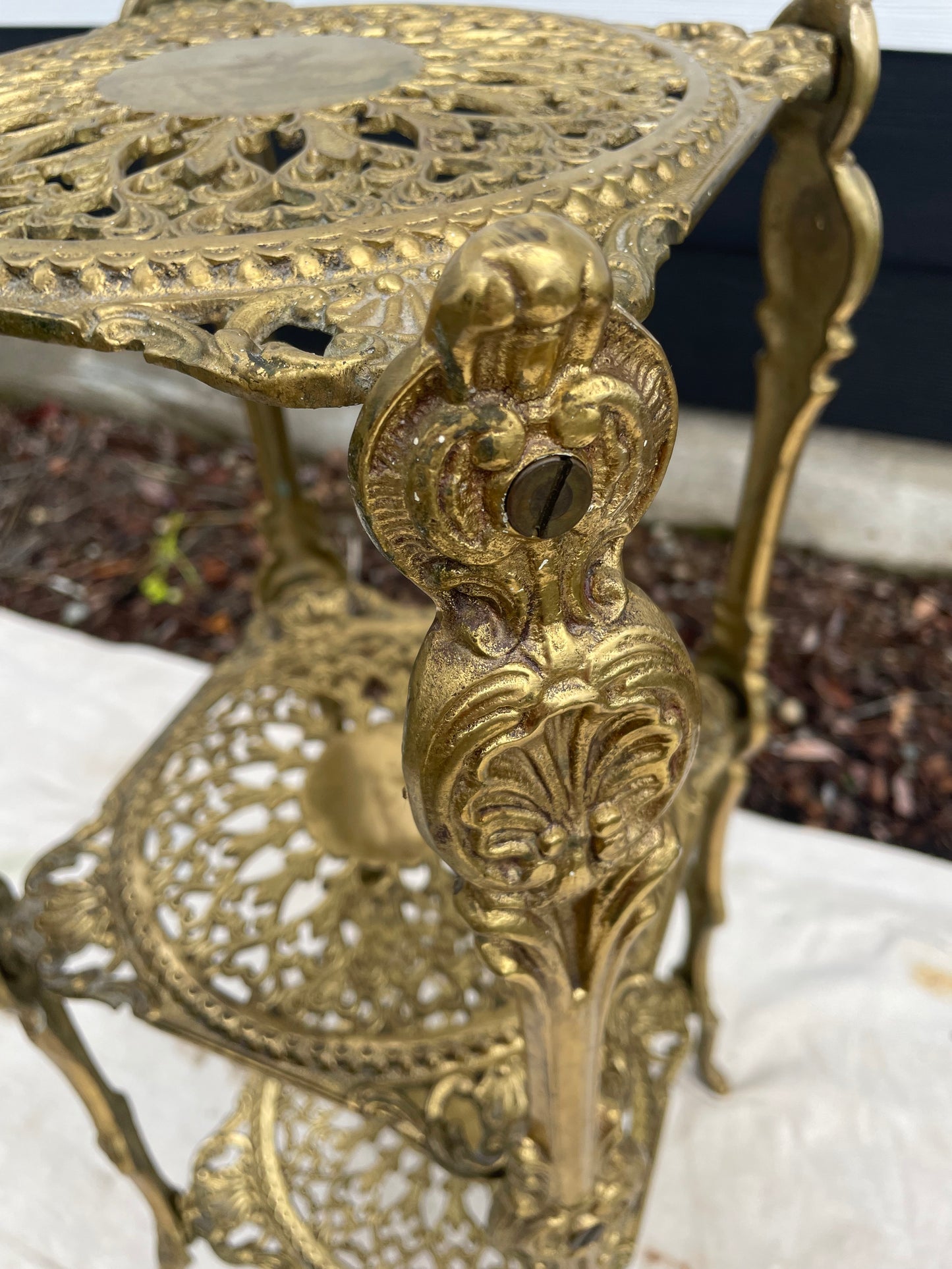 Vintage Ornate Brass Three-Tier Plant Stand Accent Table — Hollywood Regency Style