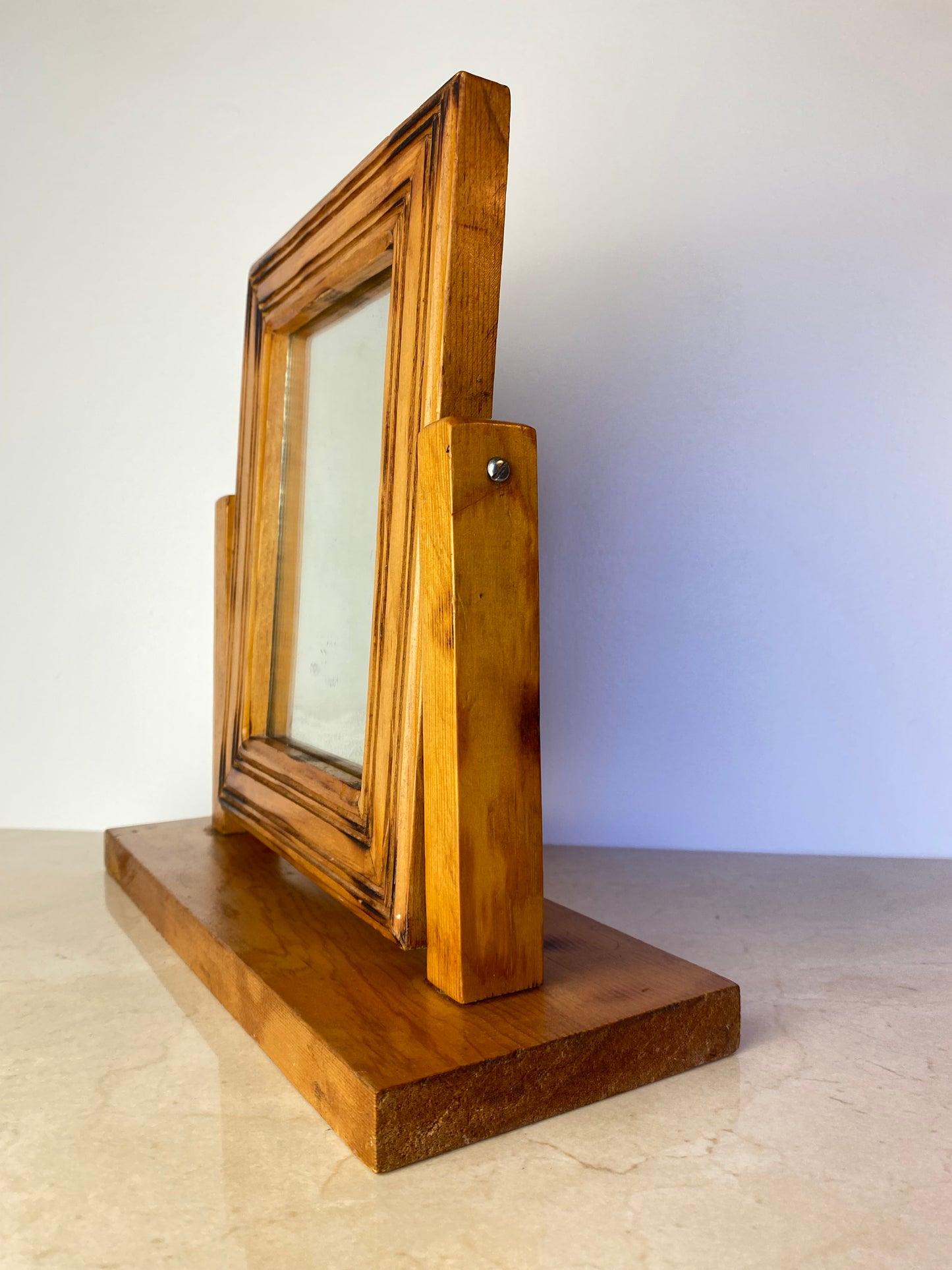 Vintage Handmade Carved Pine Tabletop Picture Frame on Stand, Rustic Folk Art Photo Display
