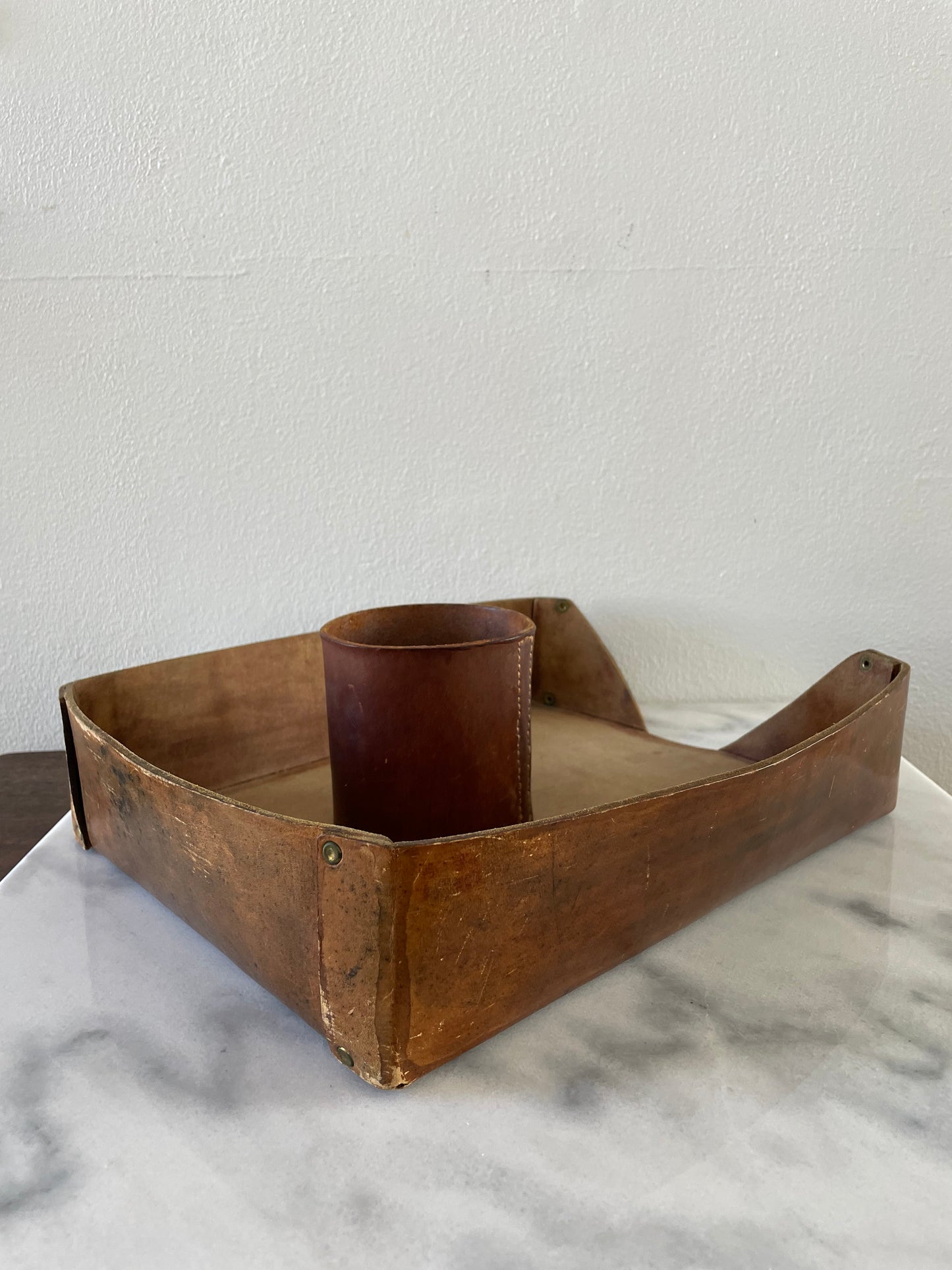 Vintage Cognac Distressed Leather Desk Accessories - Paper Tray & Pencil Cup- 2 Pieces